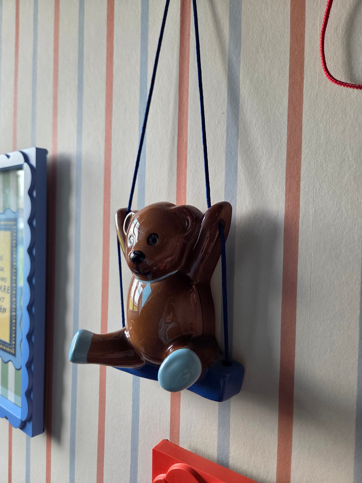 Vintage Ceramic Wall Bear on Blue Swing