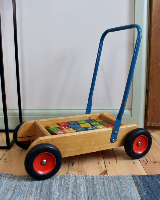 Vintage Push Along Wooden Trolley Walker with Alphabet Blocks