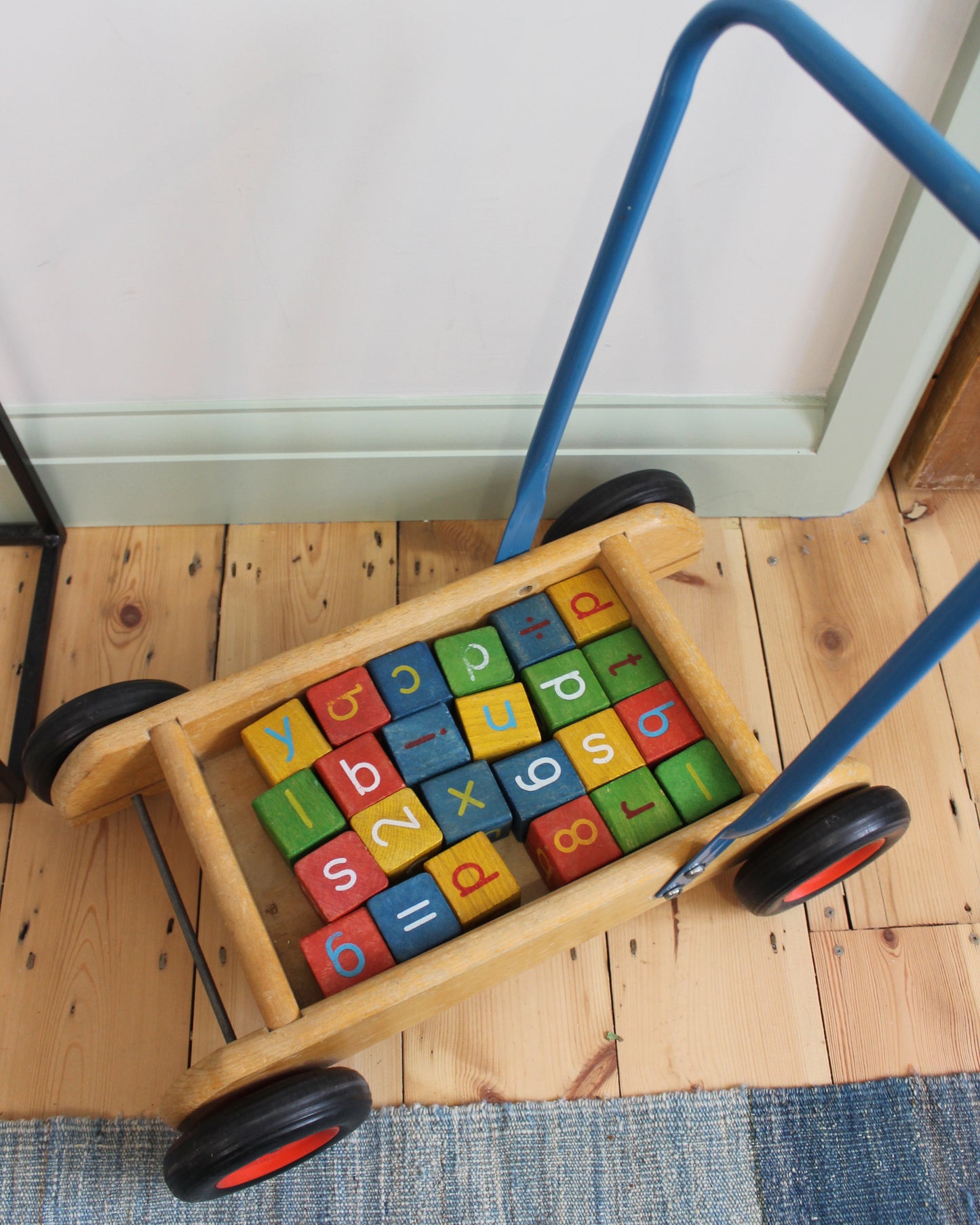 Vintage Push Along Wooden Trolley Walker with Alphabet Blocks