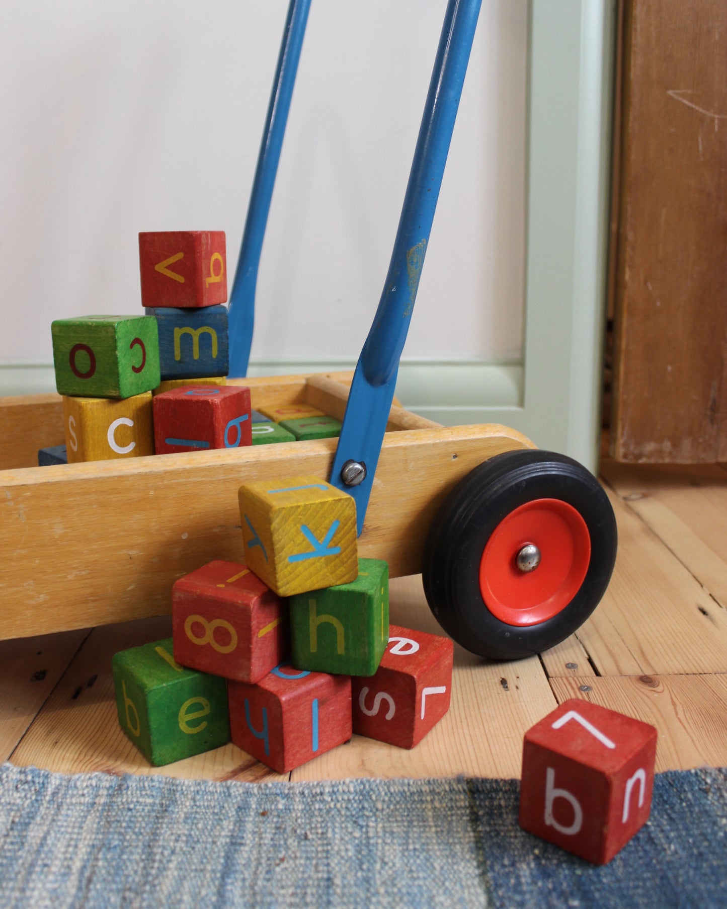 Vintage Push Along Wooden Trolley Walker with Alphabet Blocks