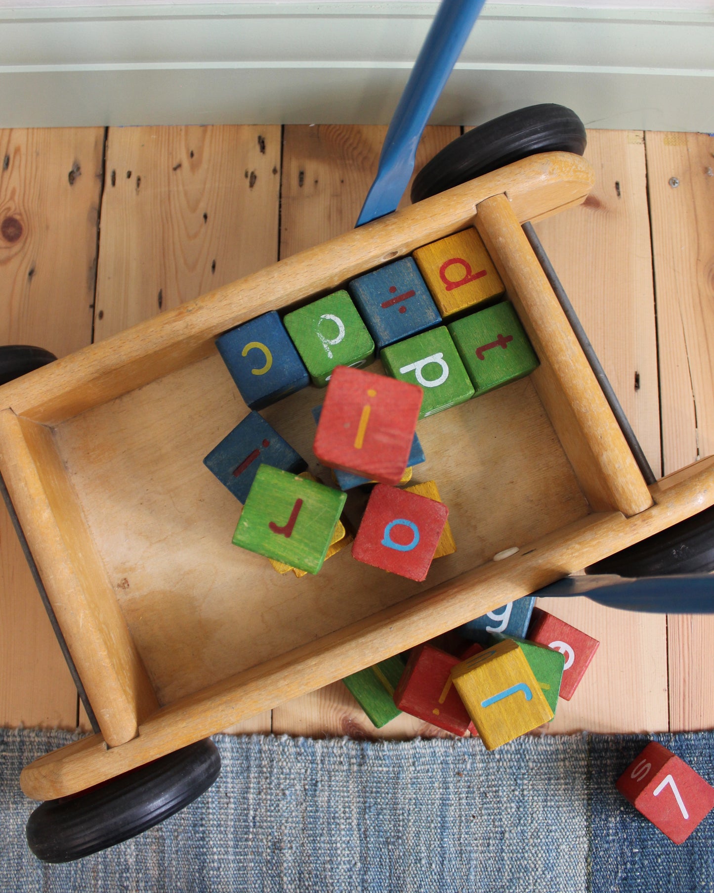 Vintage Push Along Wooden Trolley Walker with Alphabet Blocks