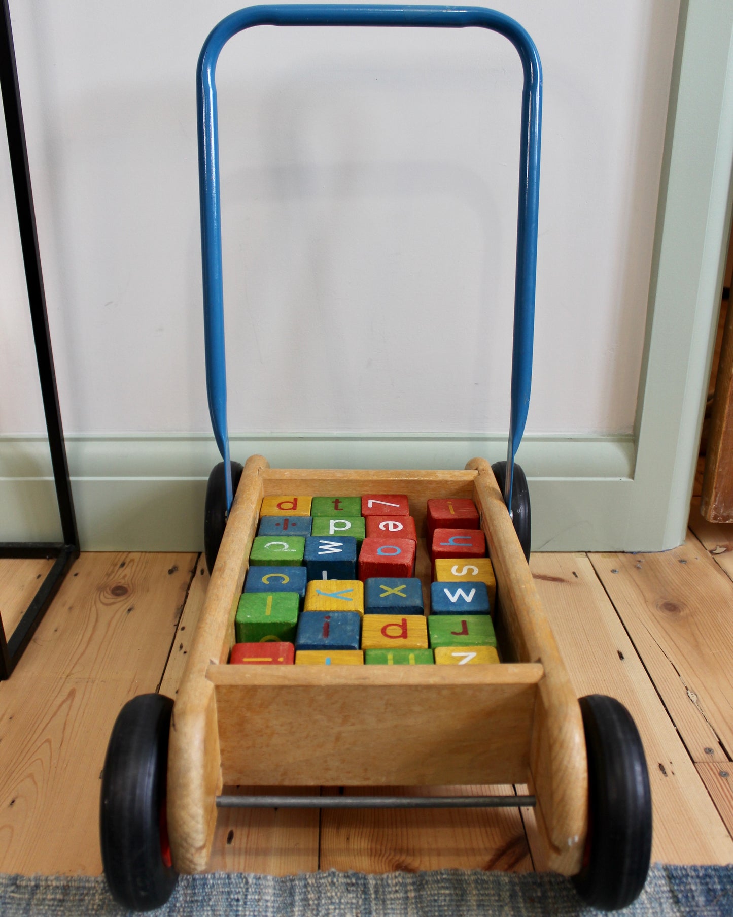 Vintage Push Along Wooden Trolley Walker with Alphabet Blocks