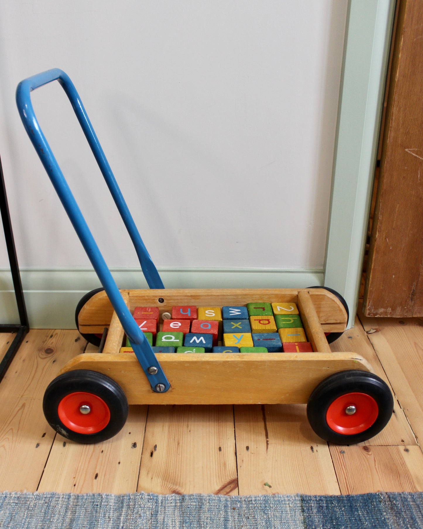 Vintage Push Along Wooden Trolley Walker with Alphabet Blocks