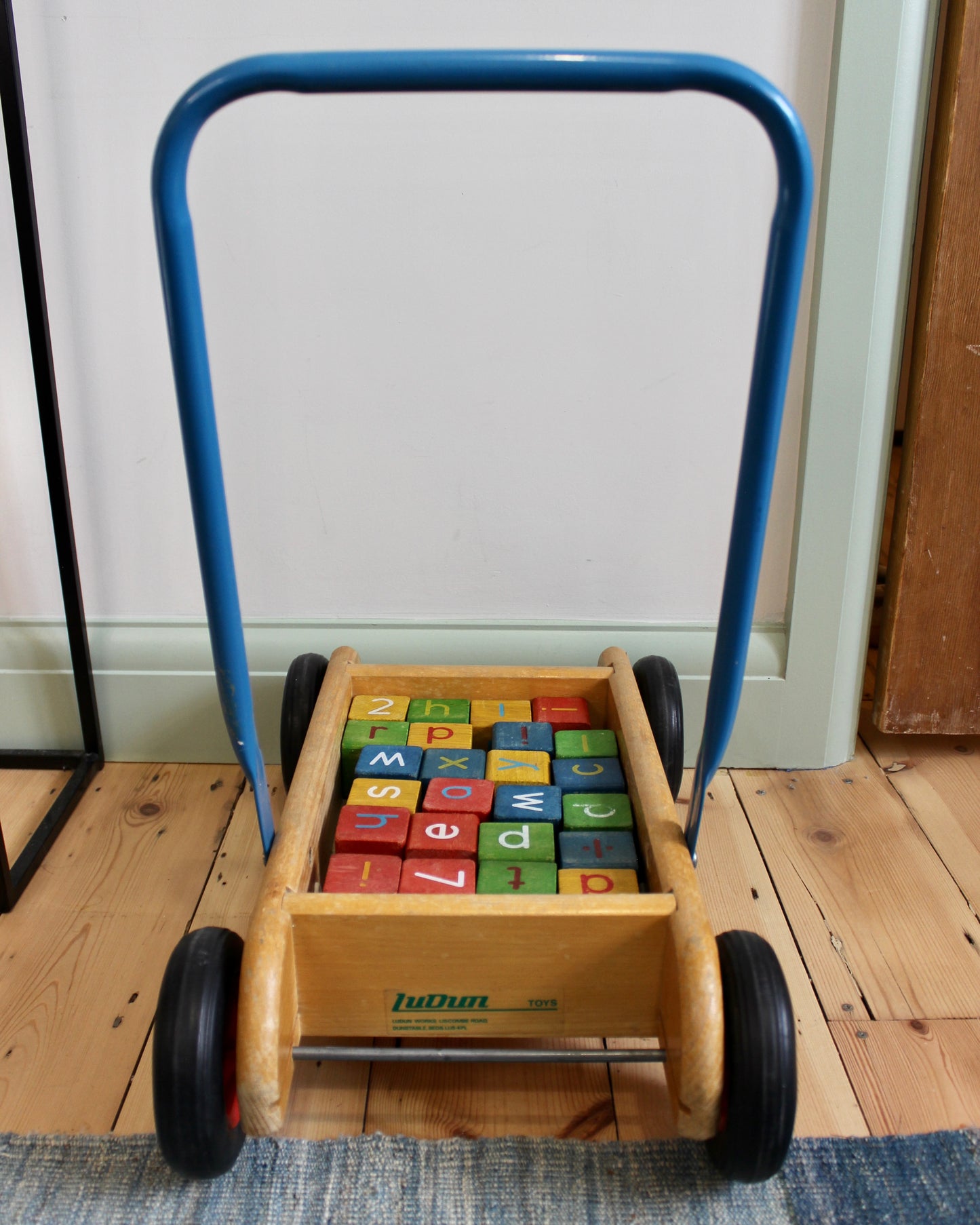 Vintage Push Along Wooden Trolley Walker with Alphabet Blocks