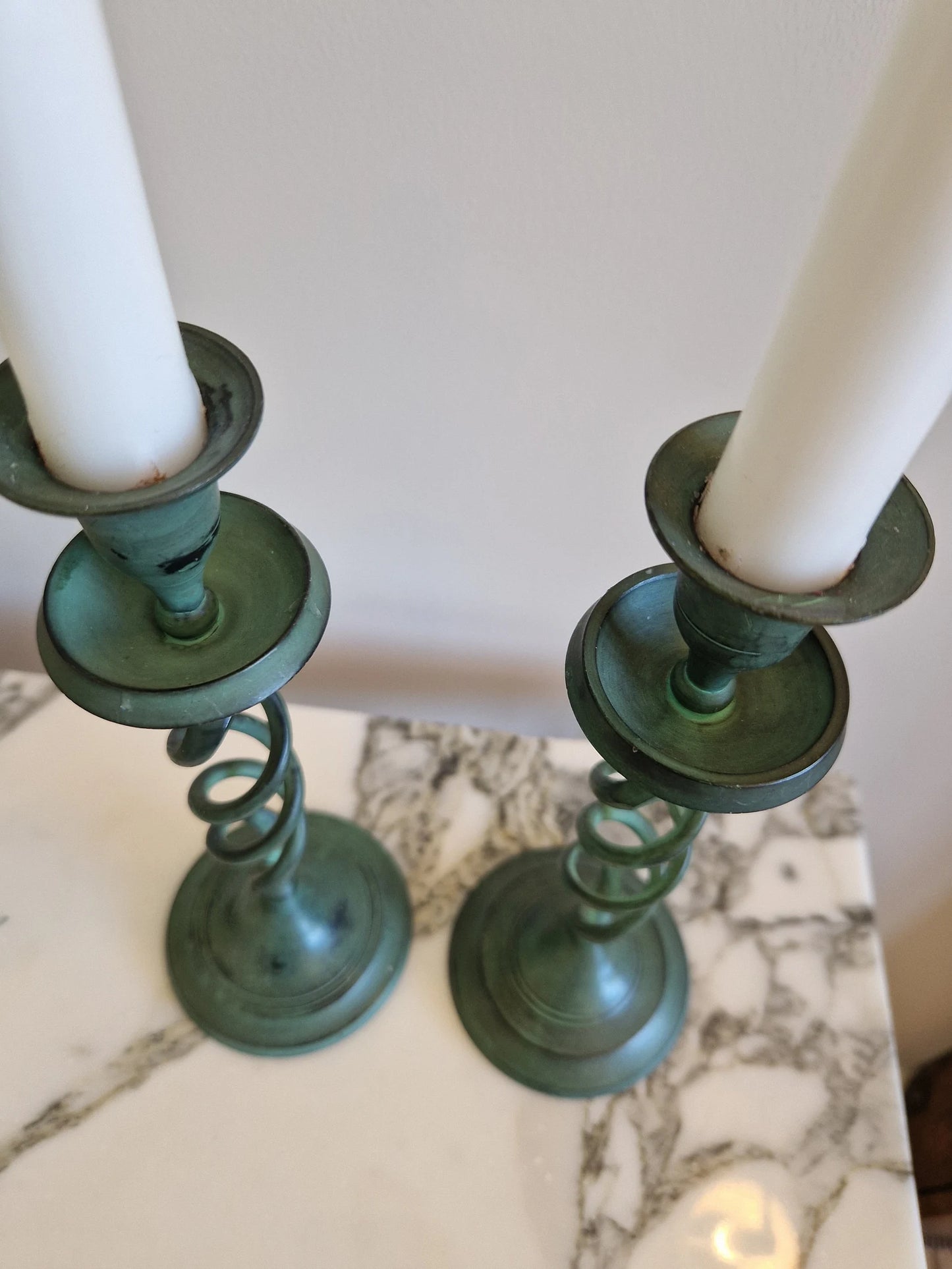 Vintage Verdigris Barley Twist Candlesticks