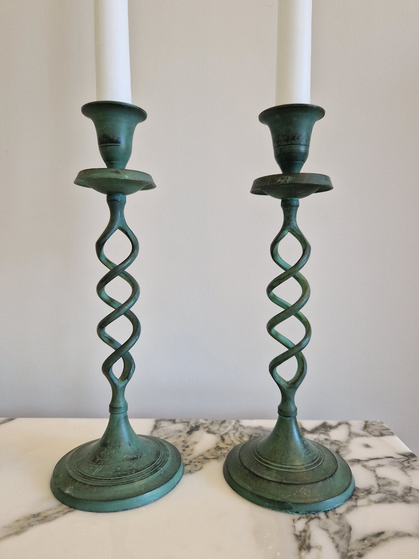 Vintage Verdigris Barley Twist Candlesticks