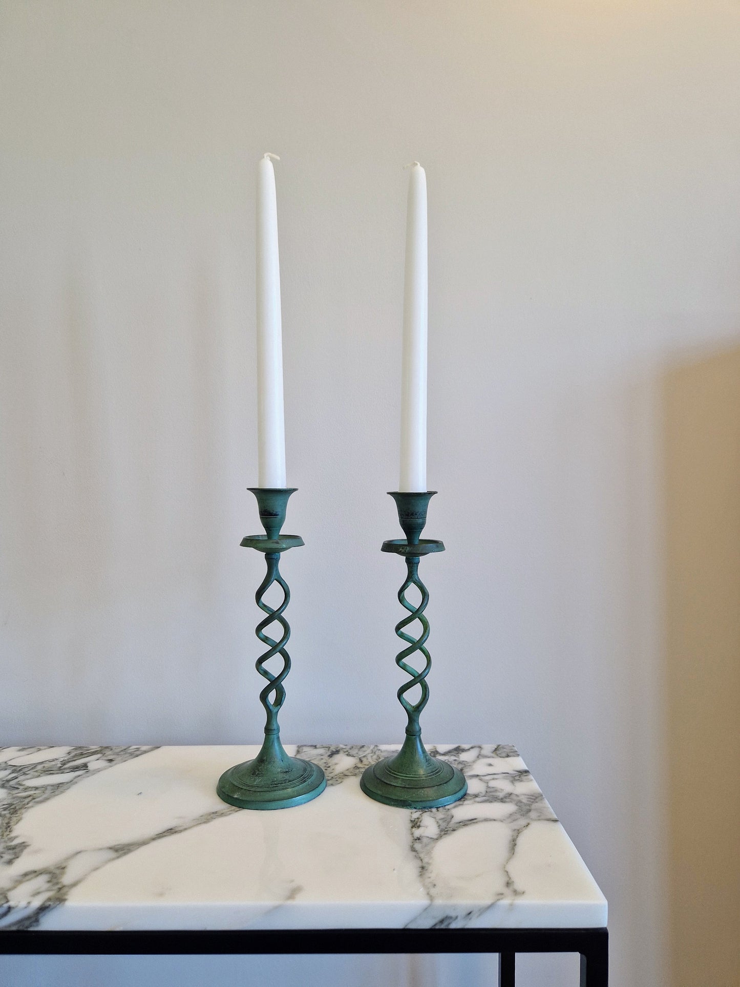 Vintage Verdigris Barley Twist Candlesticks