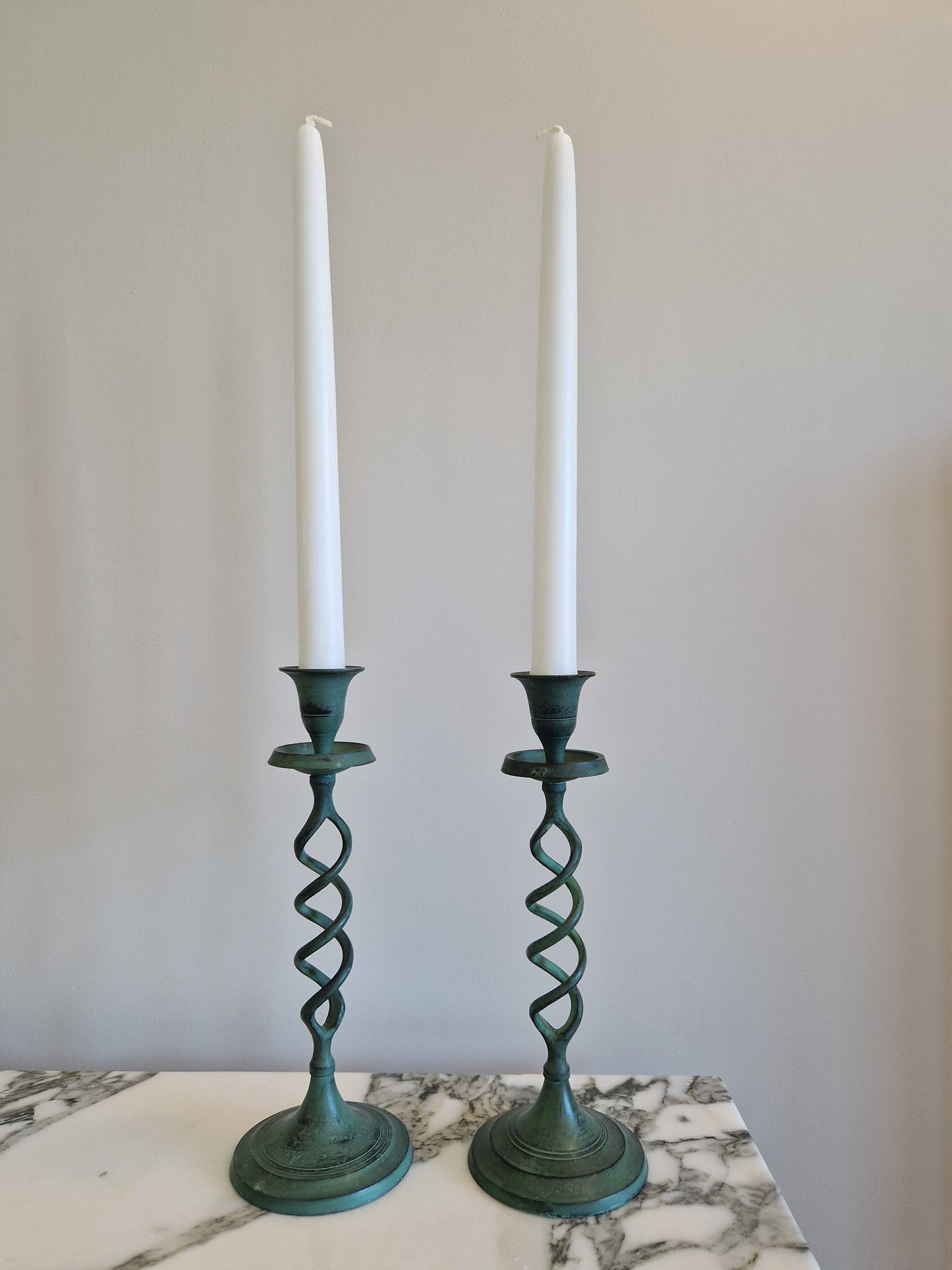 Vintage Verdigris Barley Twist Candlesticks