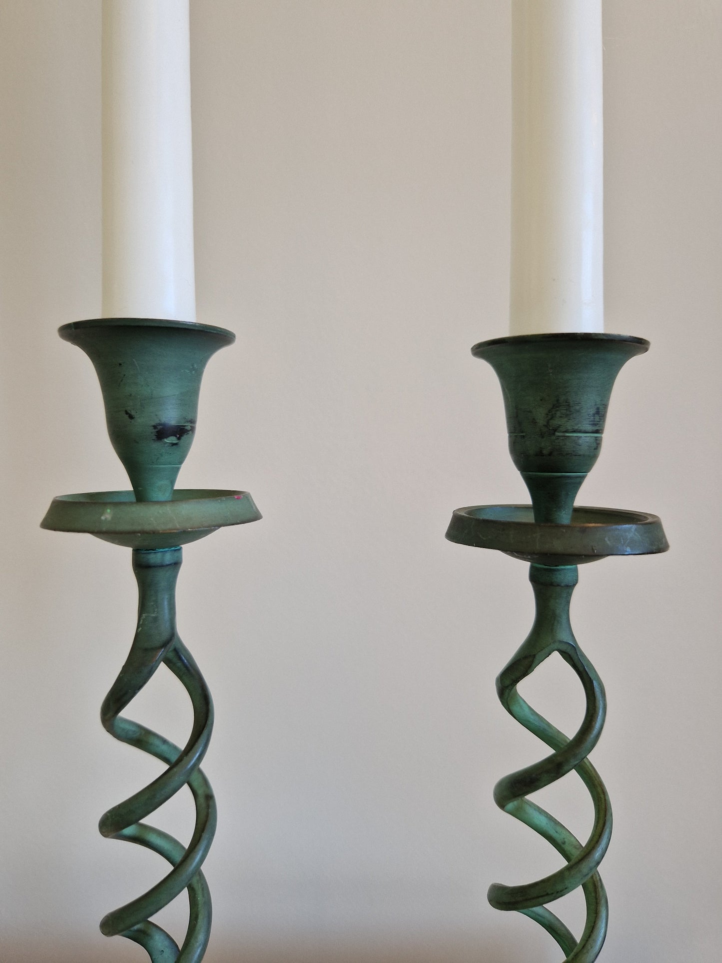 Vintage Verdigris Barley Twist Candlesticks