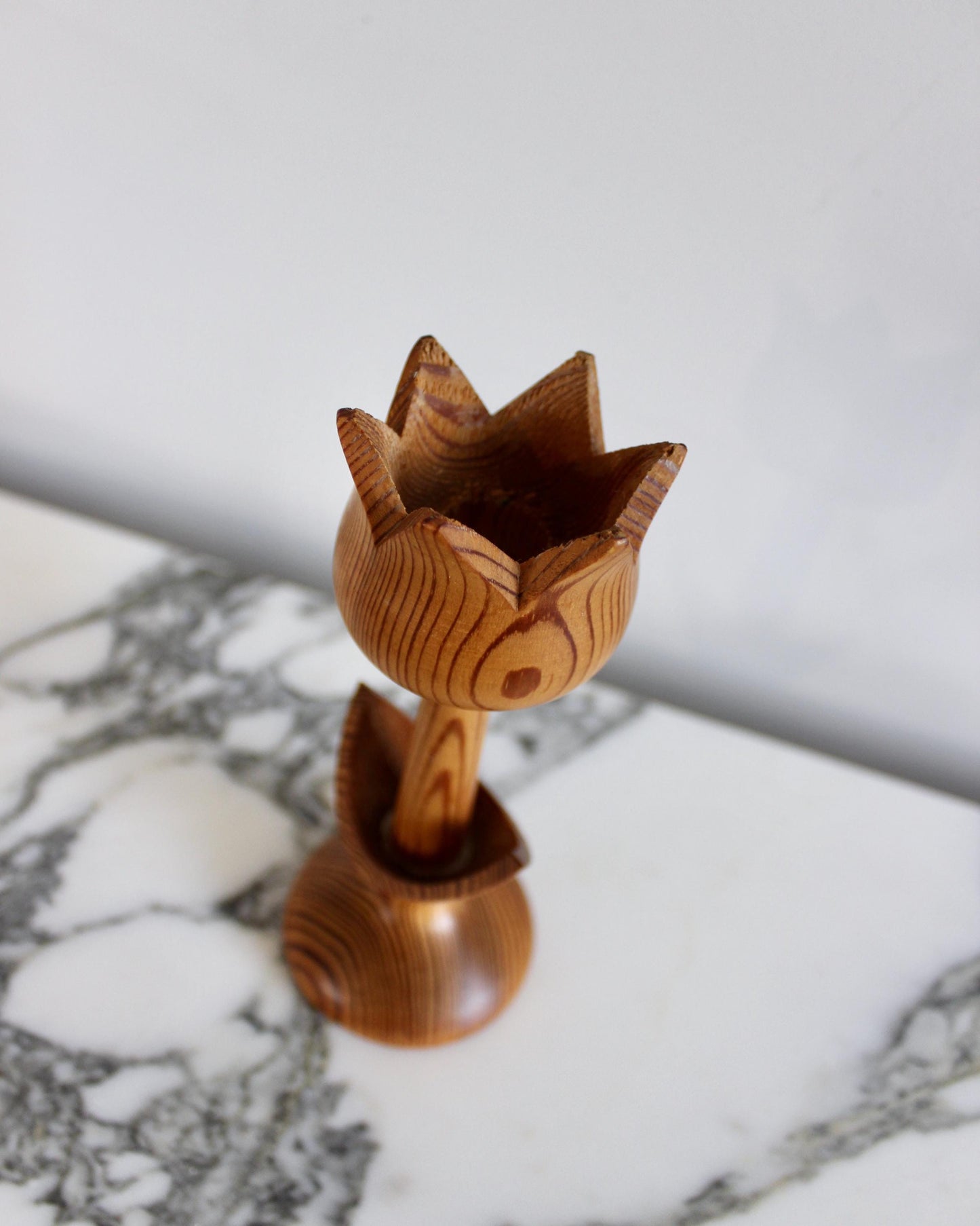 Vintage Wooden Tulip Candlestick Scandinavian Design