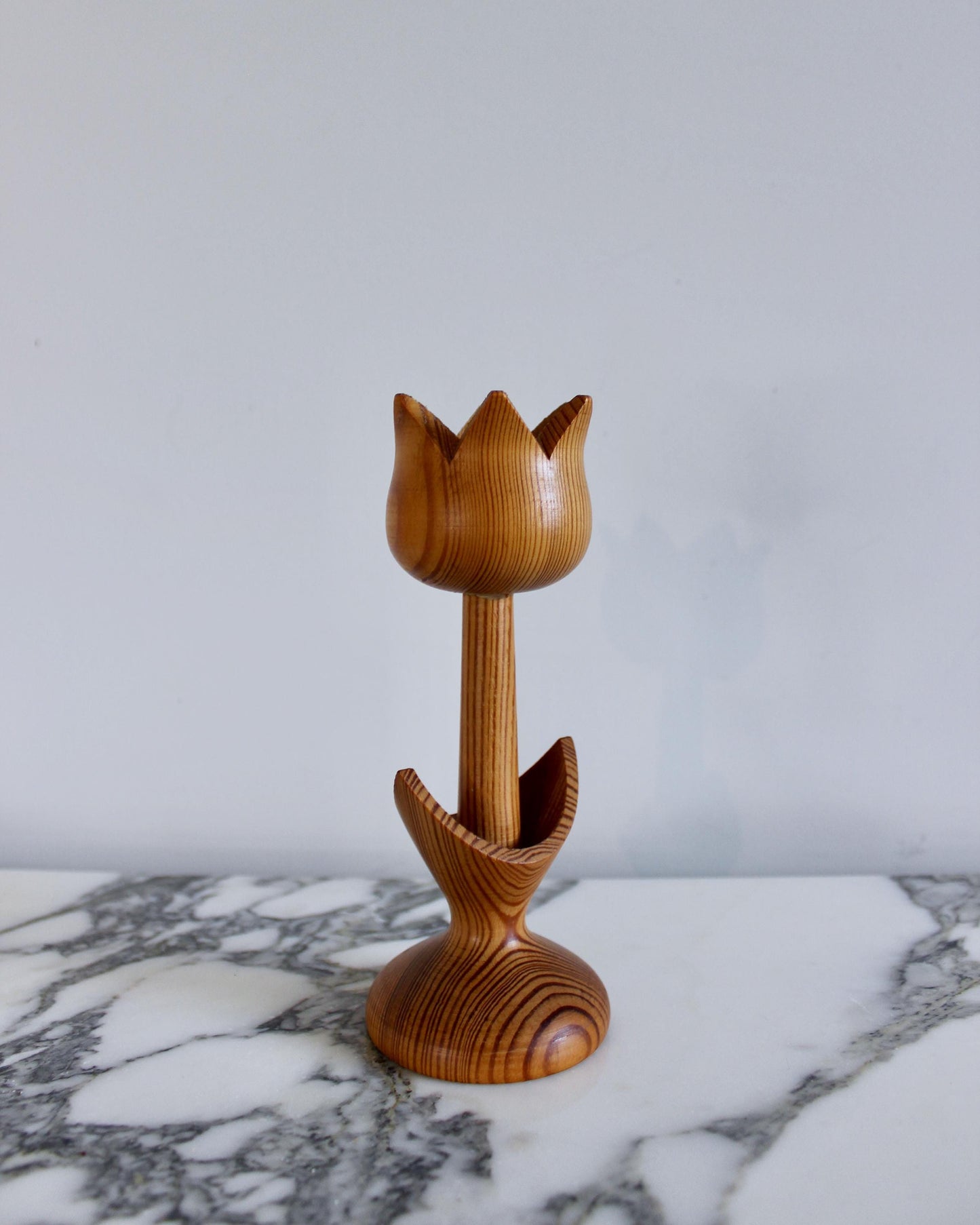 Vintage Wooden Tulip Candlestick Scandinavian Design