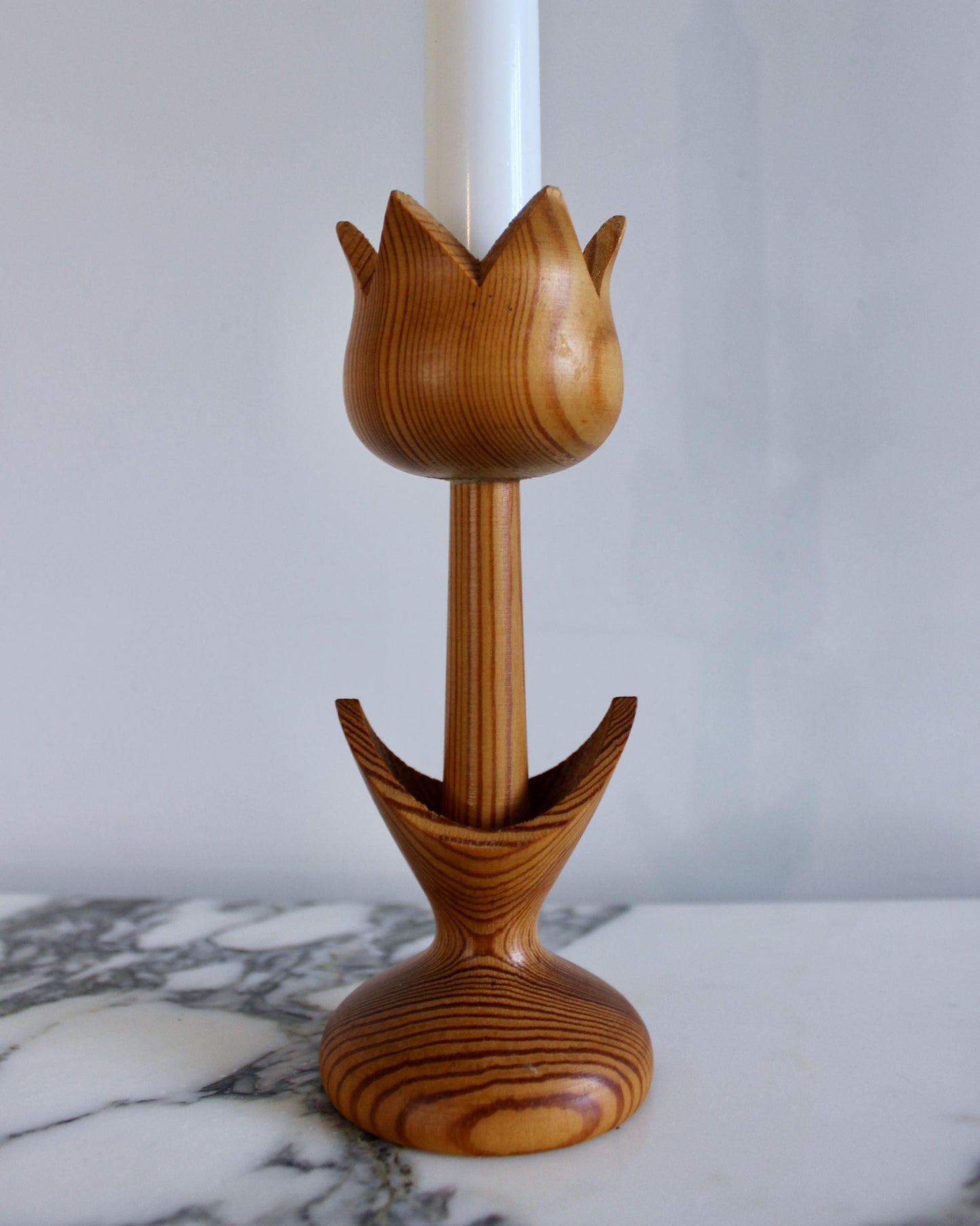 Vintage Wooden Tulip Candlestick Scandinavian Design