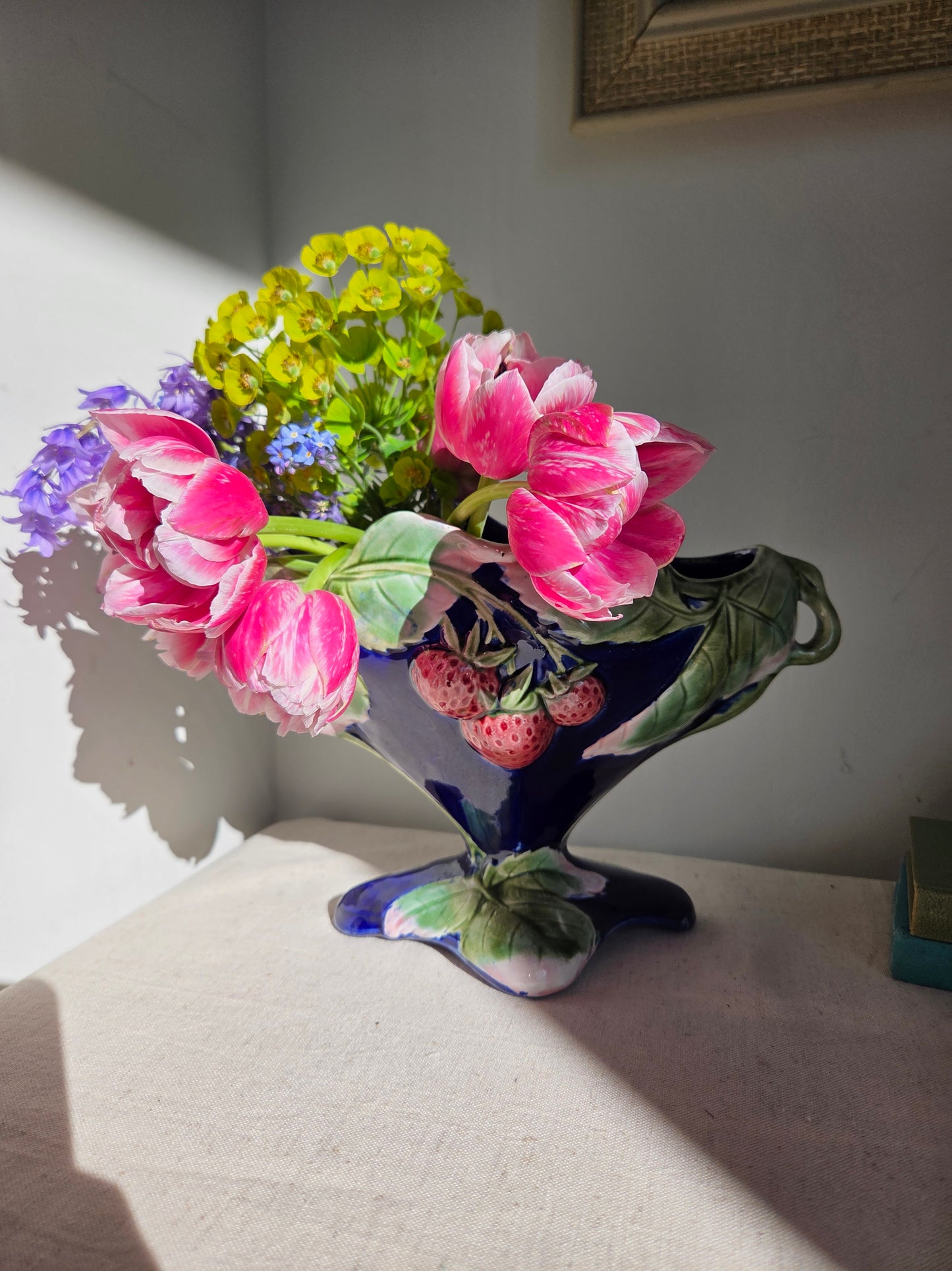 Vintage Pedestal Mantle Vase with Strawberry Motif