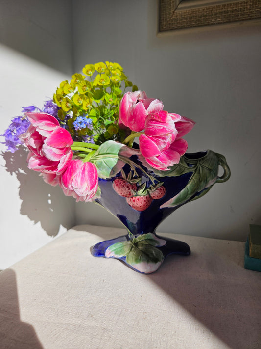 Vintage Pedestal Mantle Vase with Strawberry Motif