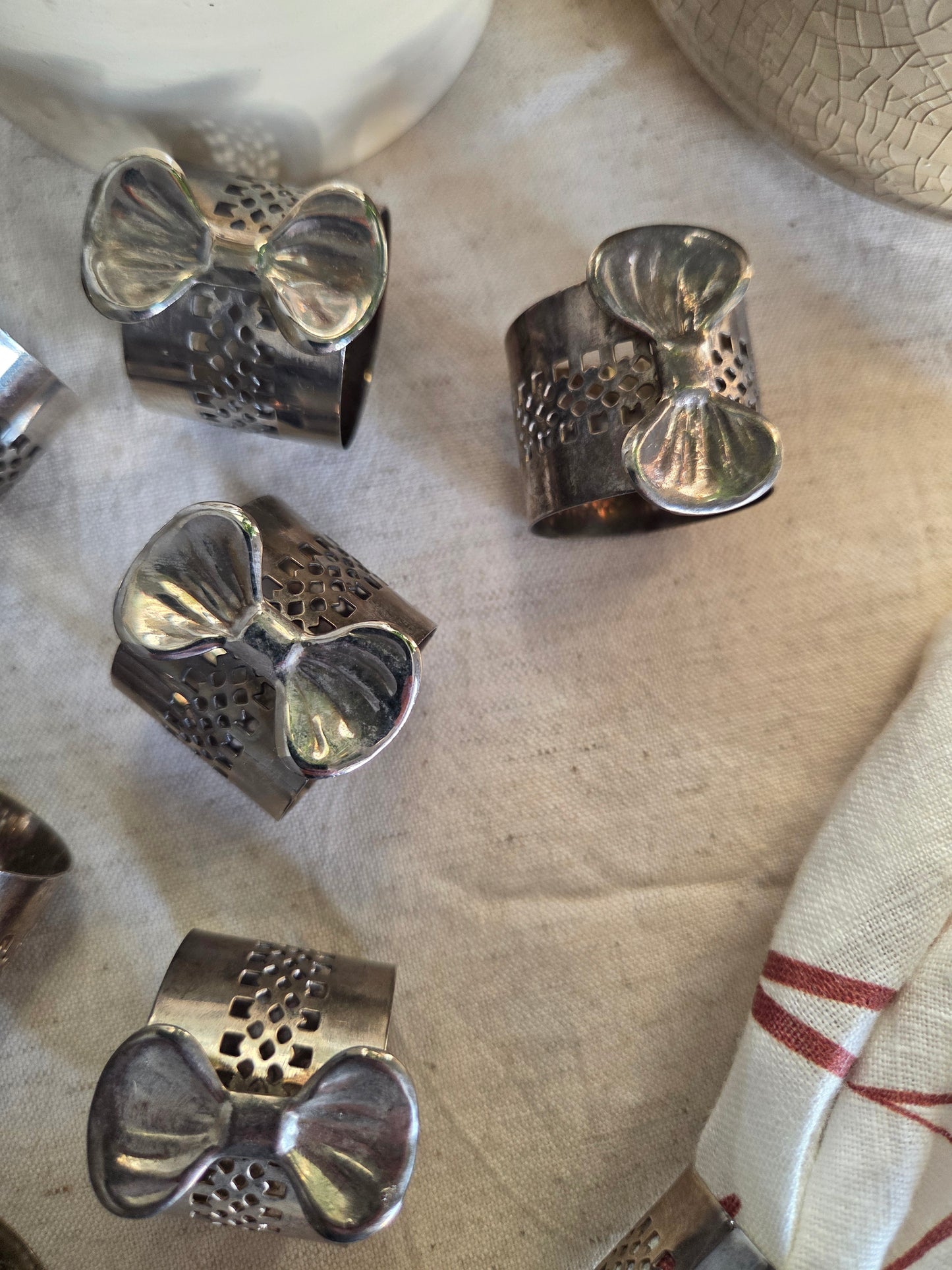 12 Fretwork Silver Bows Vintage Napkin Rings
