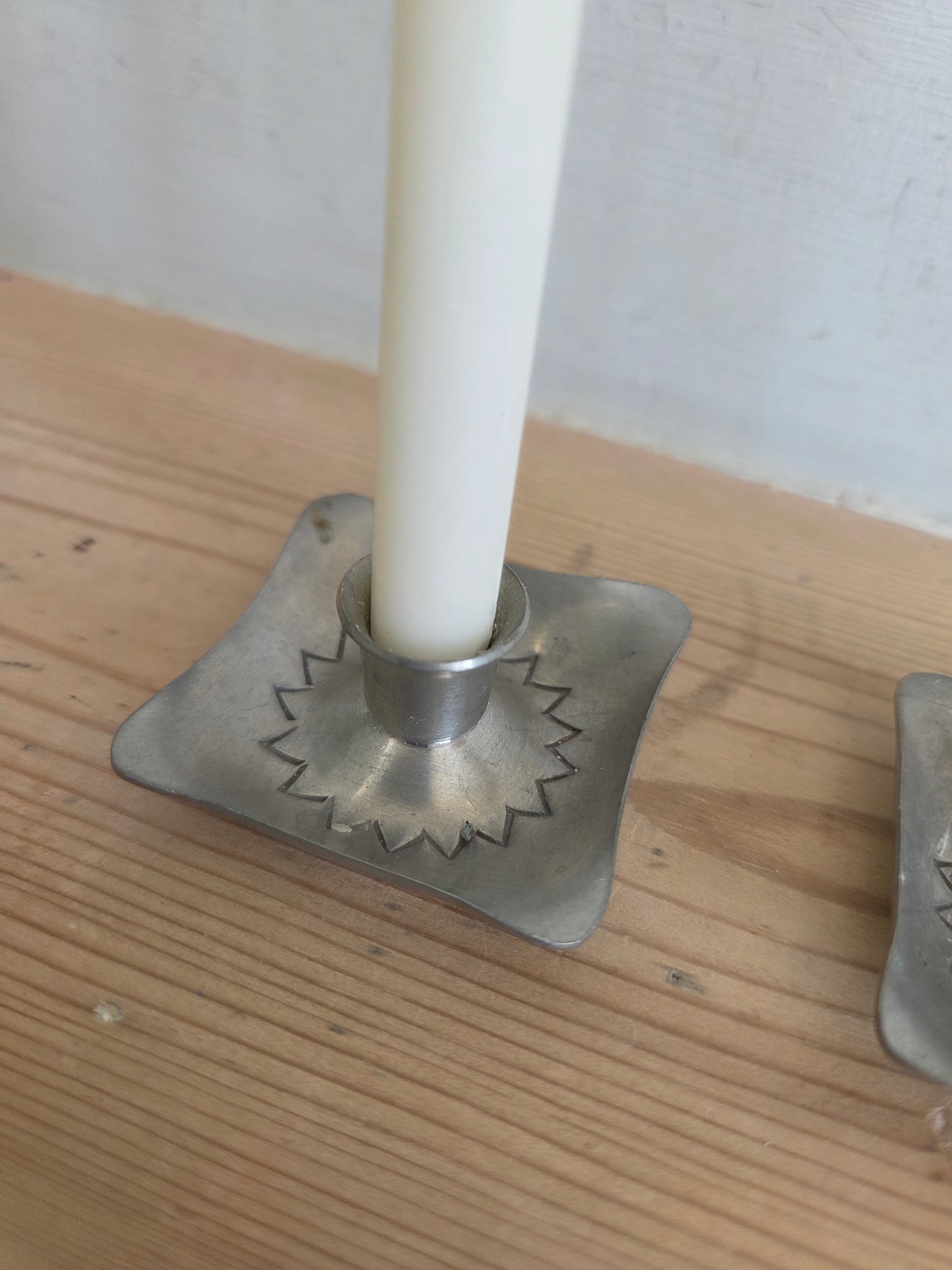 Pair of Vintage Handmade Danish Pewter Mini Candlesticks