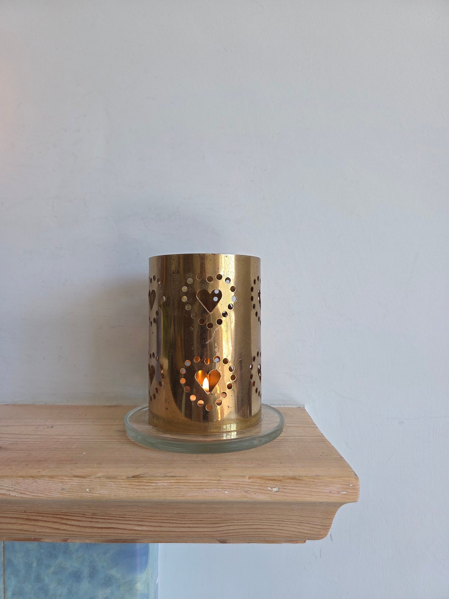 Brass Tealight Shade with Heart Cutouts on Glass Candle Plate