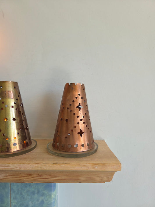 Copper Tealight Shade with Star Cutouts on Glass Candle Plate