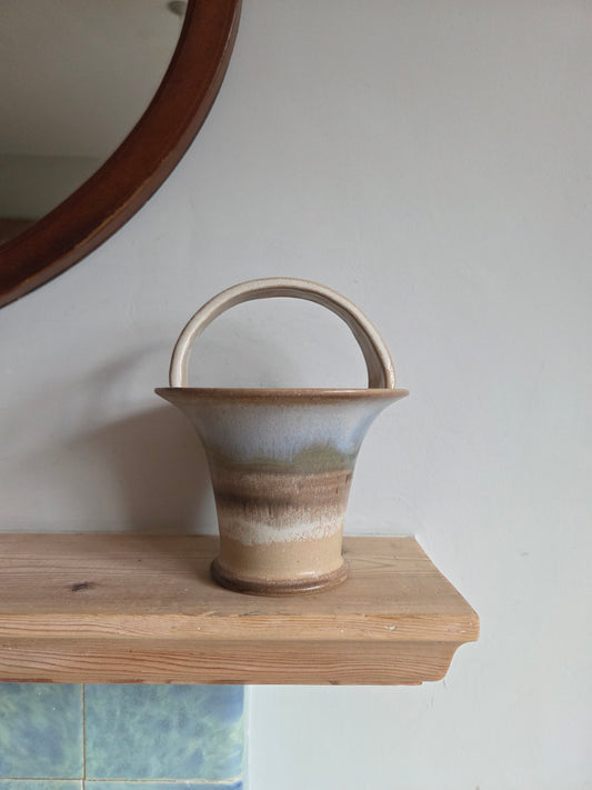 Medium Vintage Studio Pottery Basket Vase with Ombre Drip Glaze