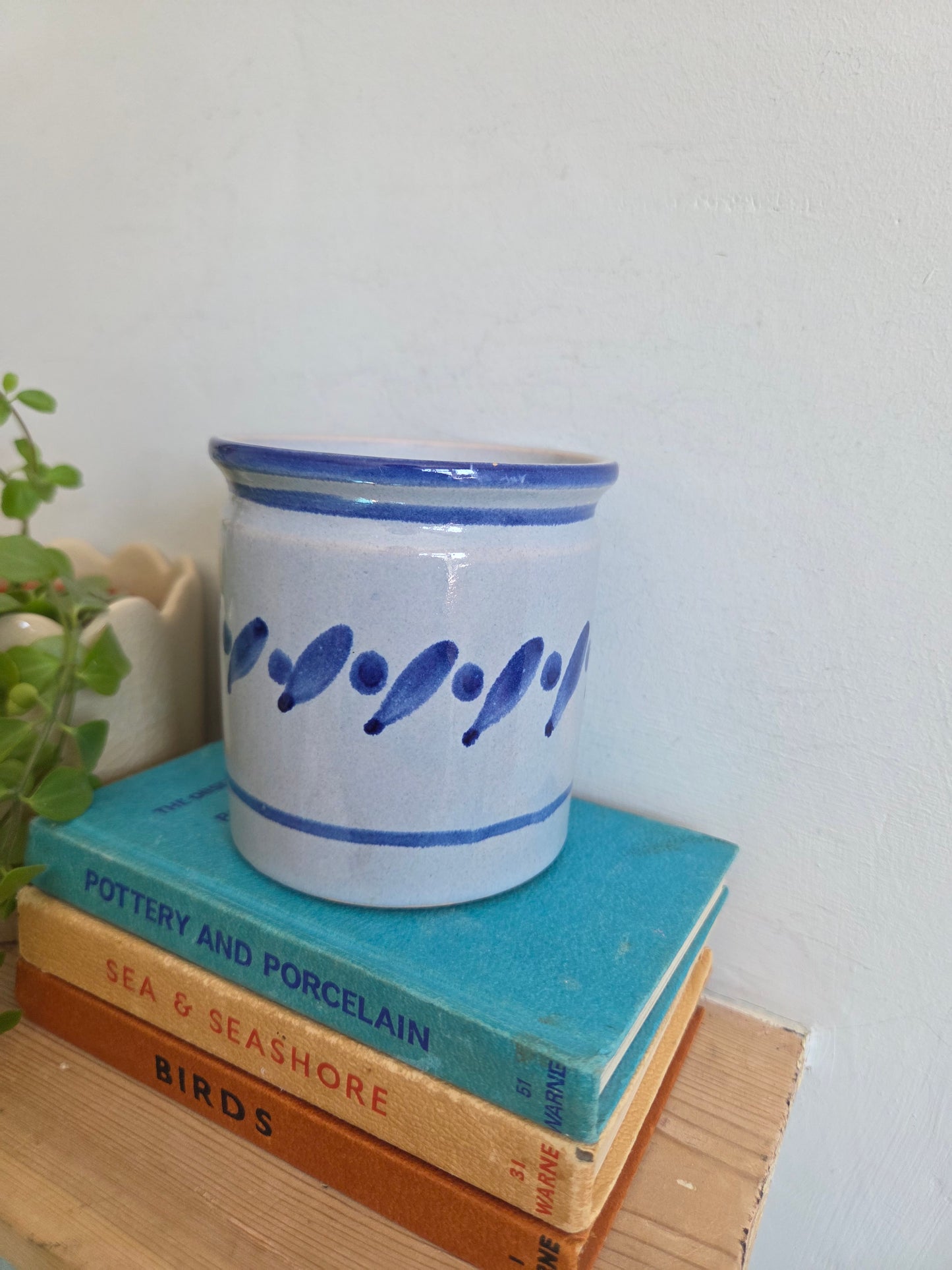 Vintage Swedish Ceramic Pot with Blue Hand Painted Glaze