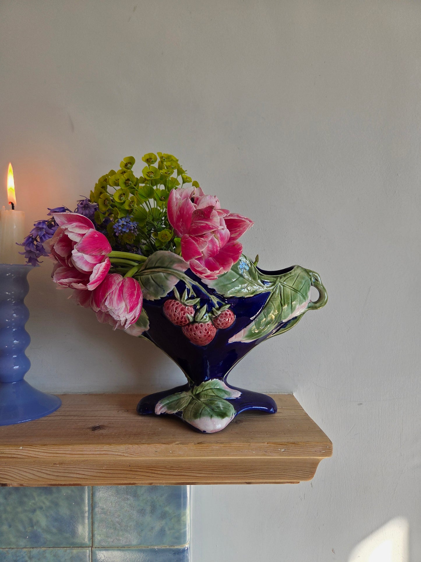 Vintage Pedestal Mantle Vase with Strawberry Motif