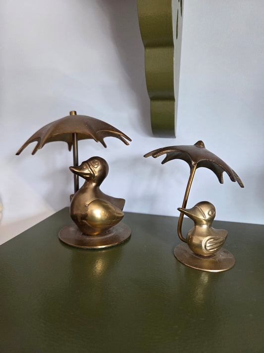 Vintage Brass Ducks with Umbrellas
