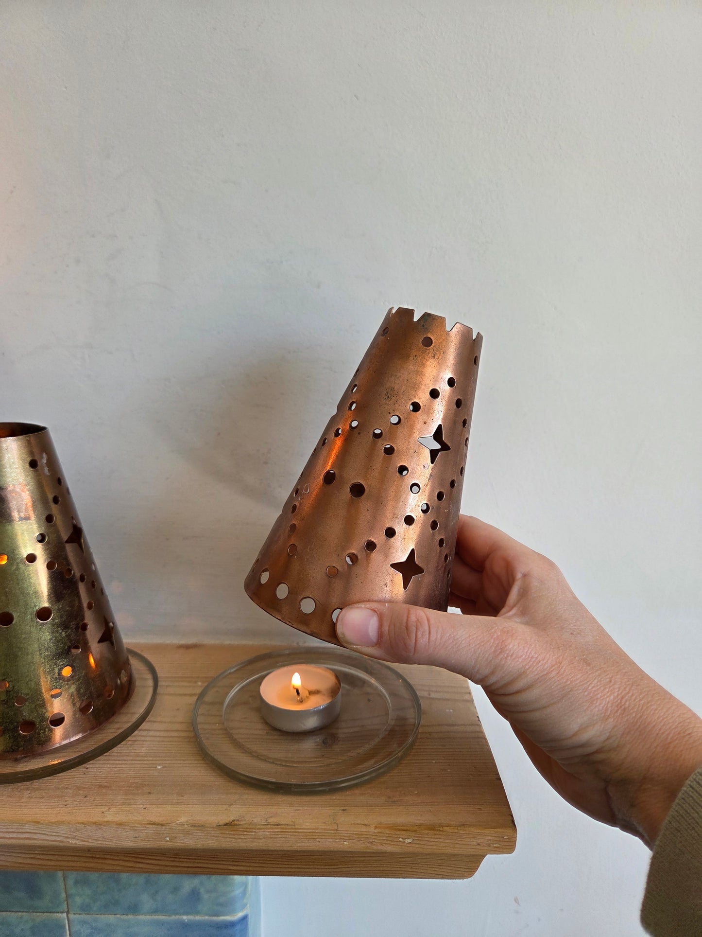Copper Tealight Shade with Star Cutouts on Glass Candle Plate