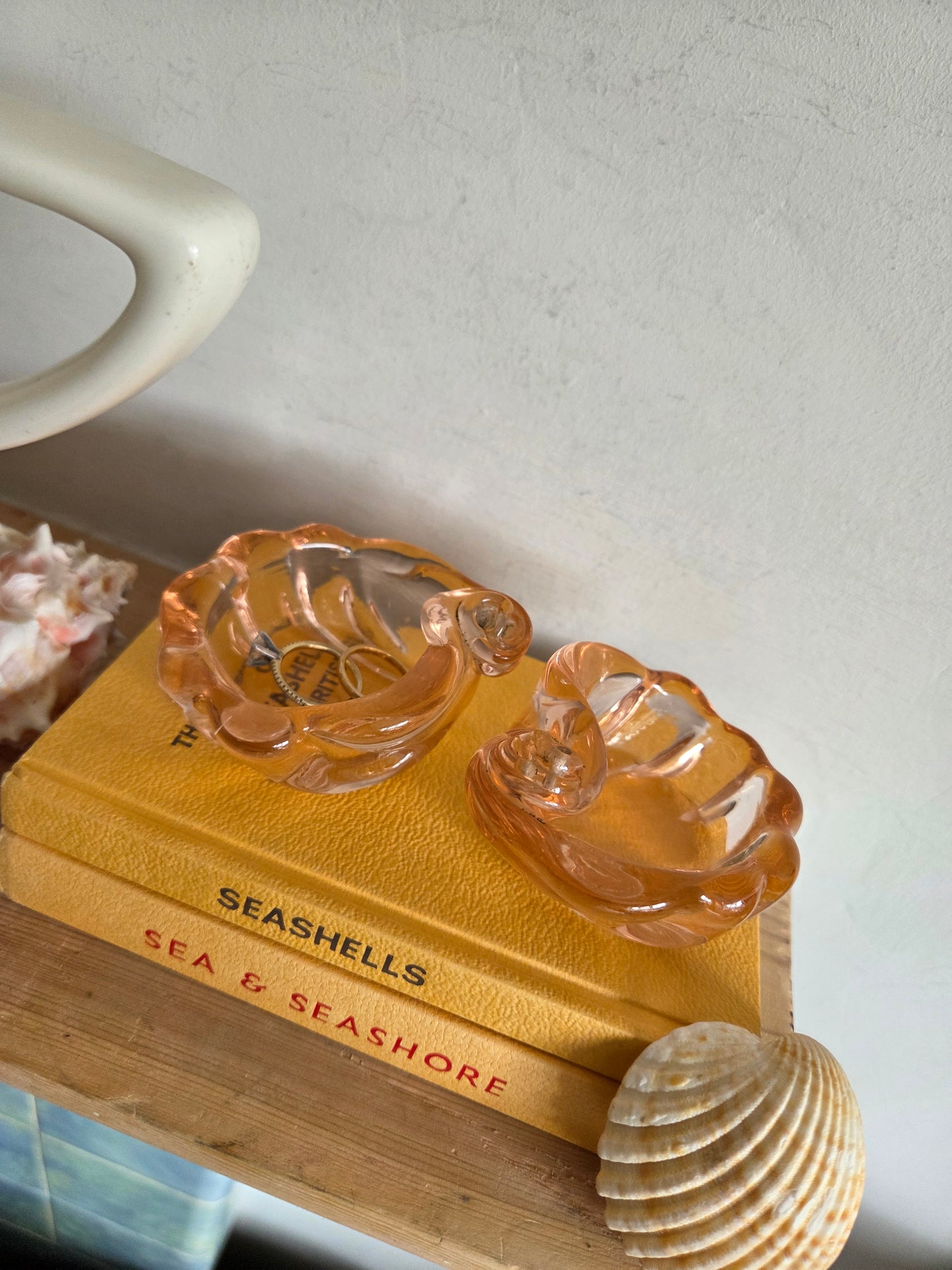 A Pair of Pink Glass Shell Trinket Dishes or Pinch Pots