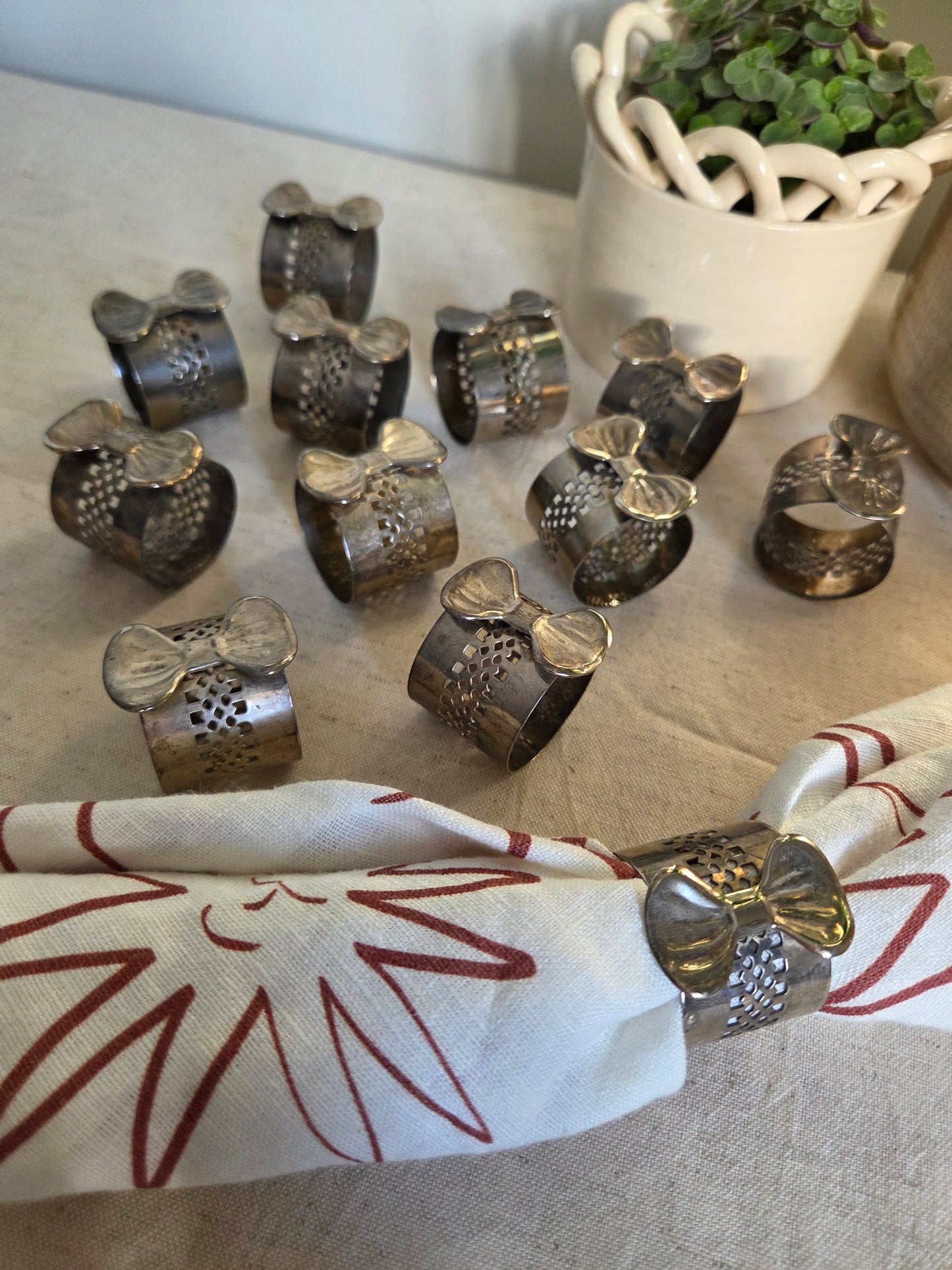 12 Fretwork Silver Bows Vintage Napkin Rings