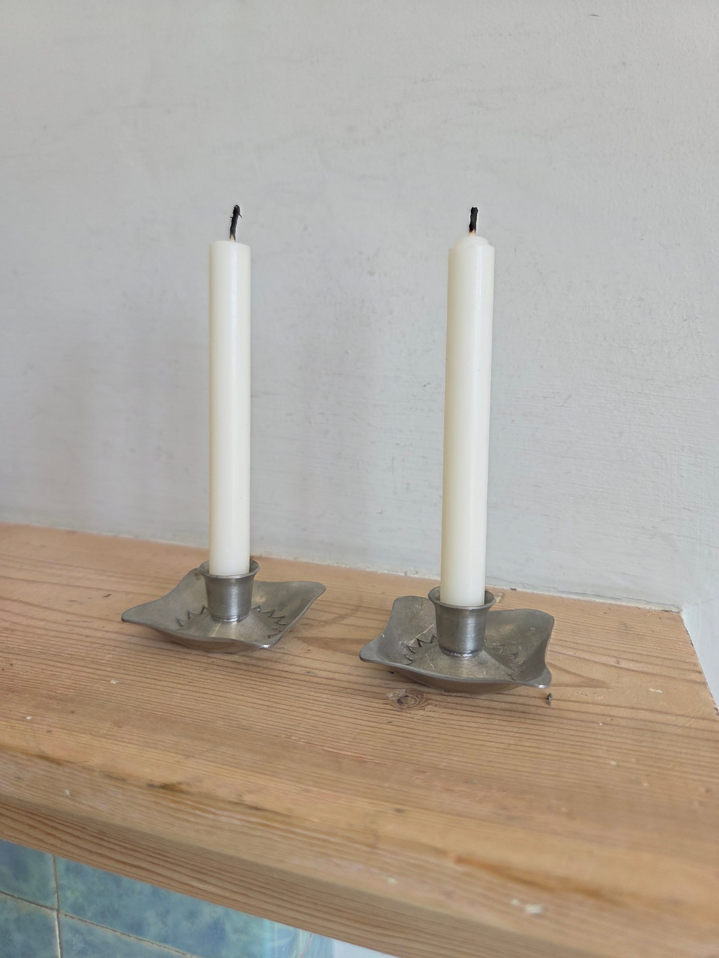 Pair of Vintage Handmade Danish Pewter Mini Candlesticks