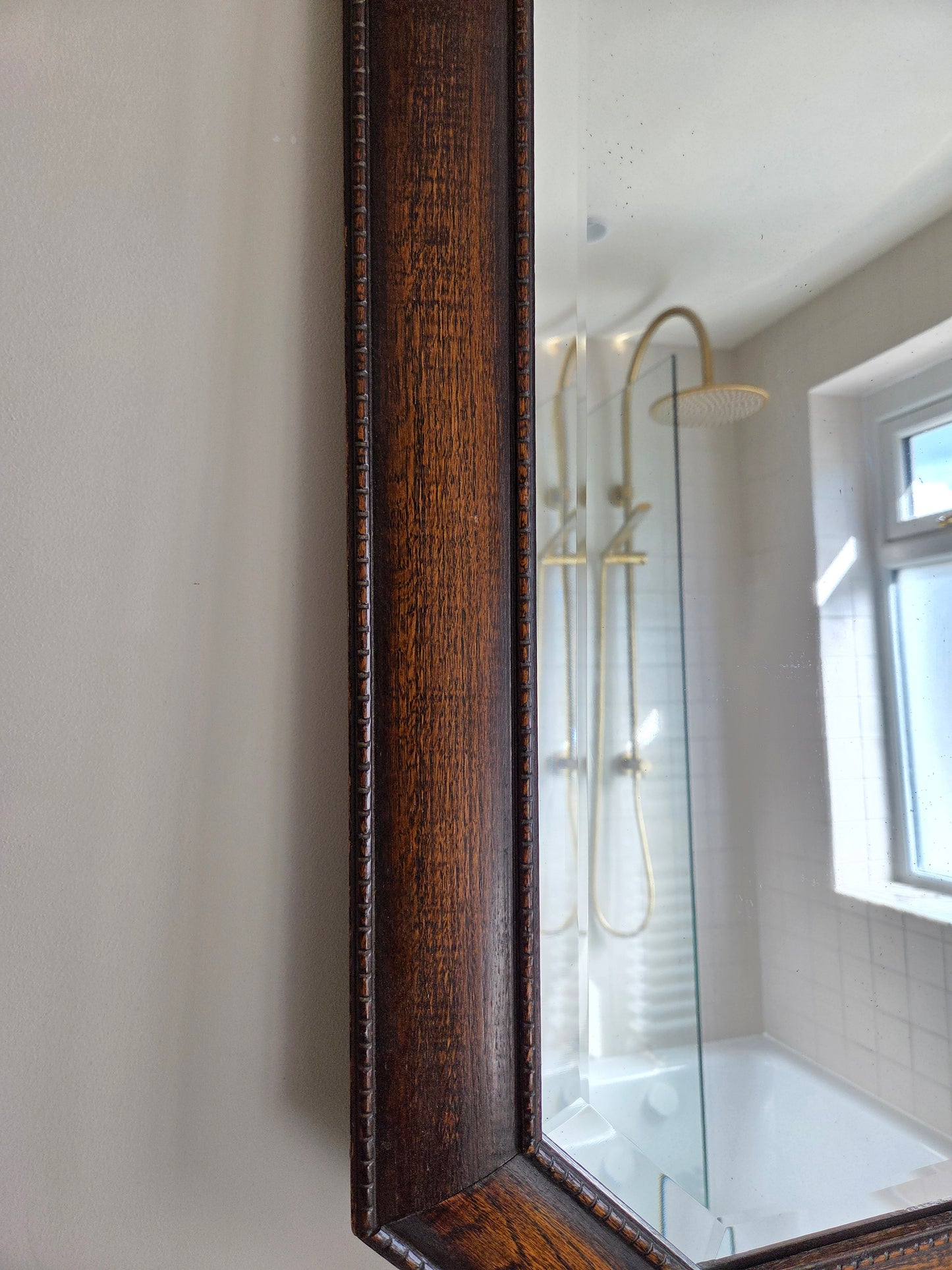 Vintage Oak Hexagonal Mirror with Bobbin Trim Details