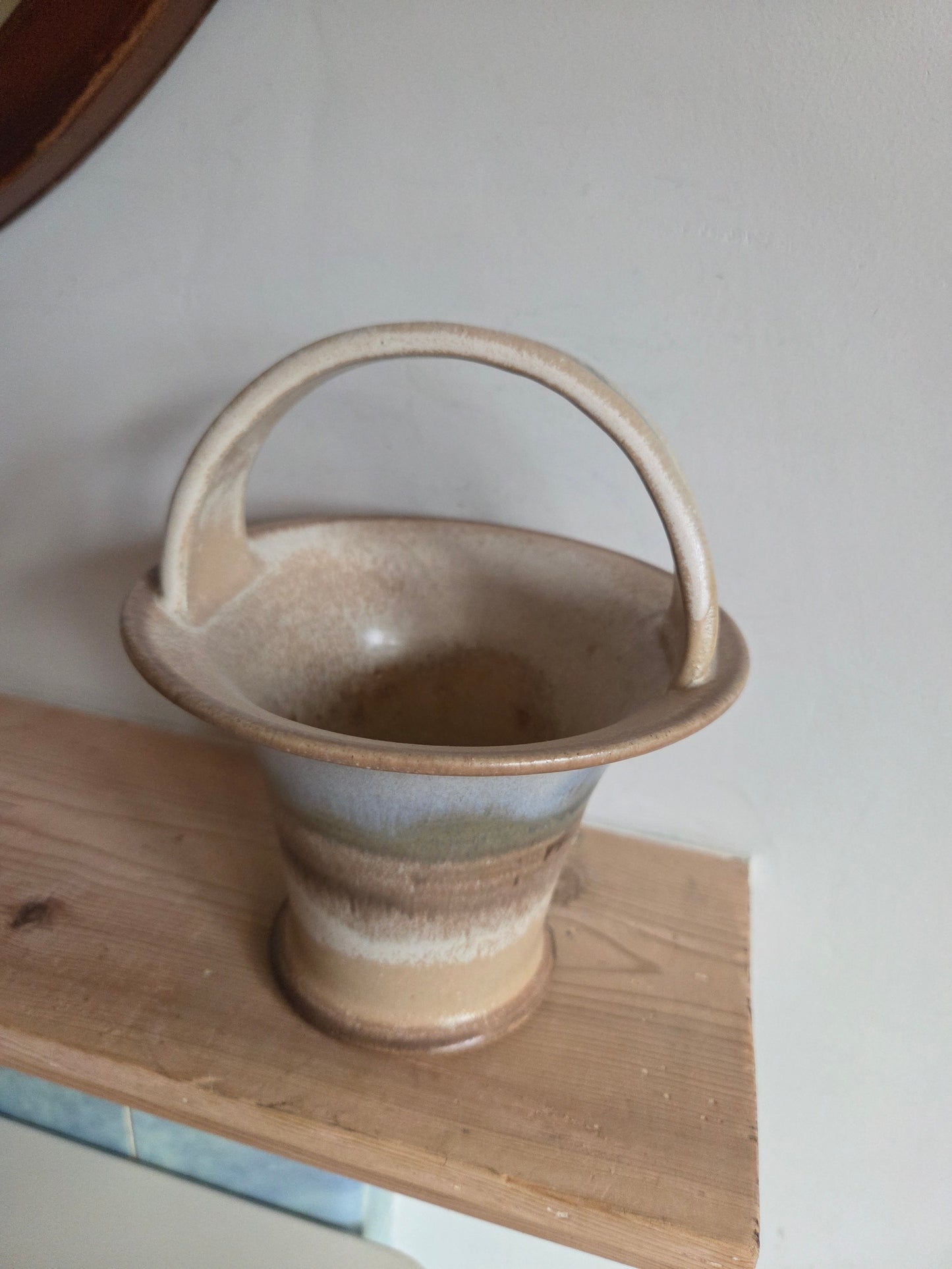 Medium Vintage Studio Pottery Basket Vase with Ombre Drip Glaze