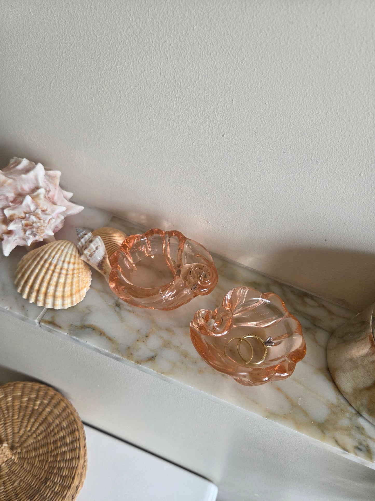 A Pair of Pink Glass Shell Trinket Dishes or Pinch Pots