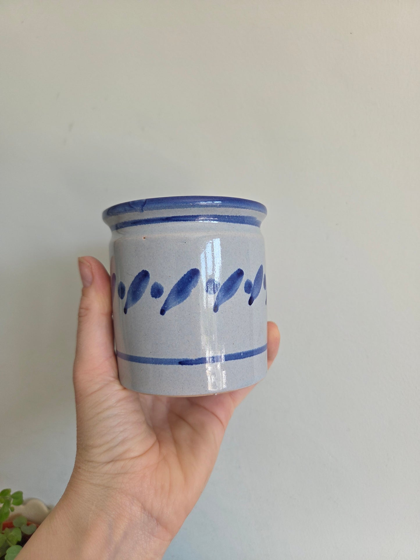 Vintage Swedish Ceramic Pot with Blue Hand Painted Glaze