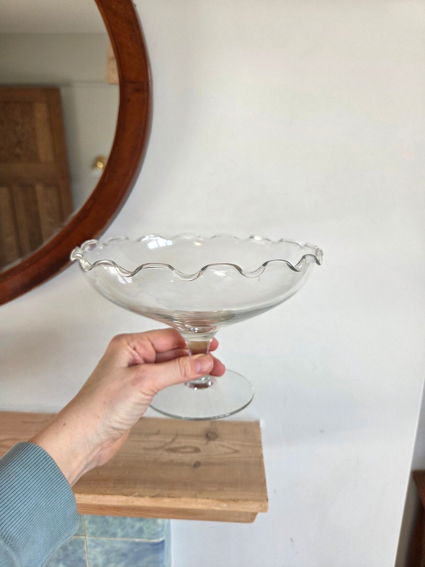 Vintage Glass Frilly Edged Pedestal Bowl