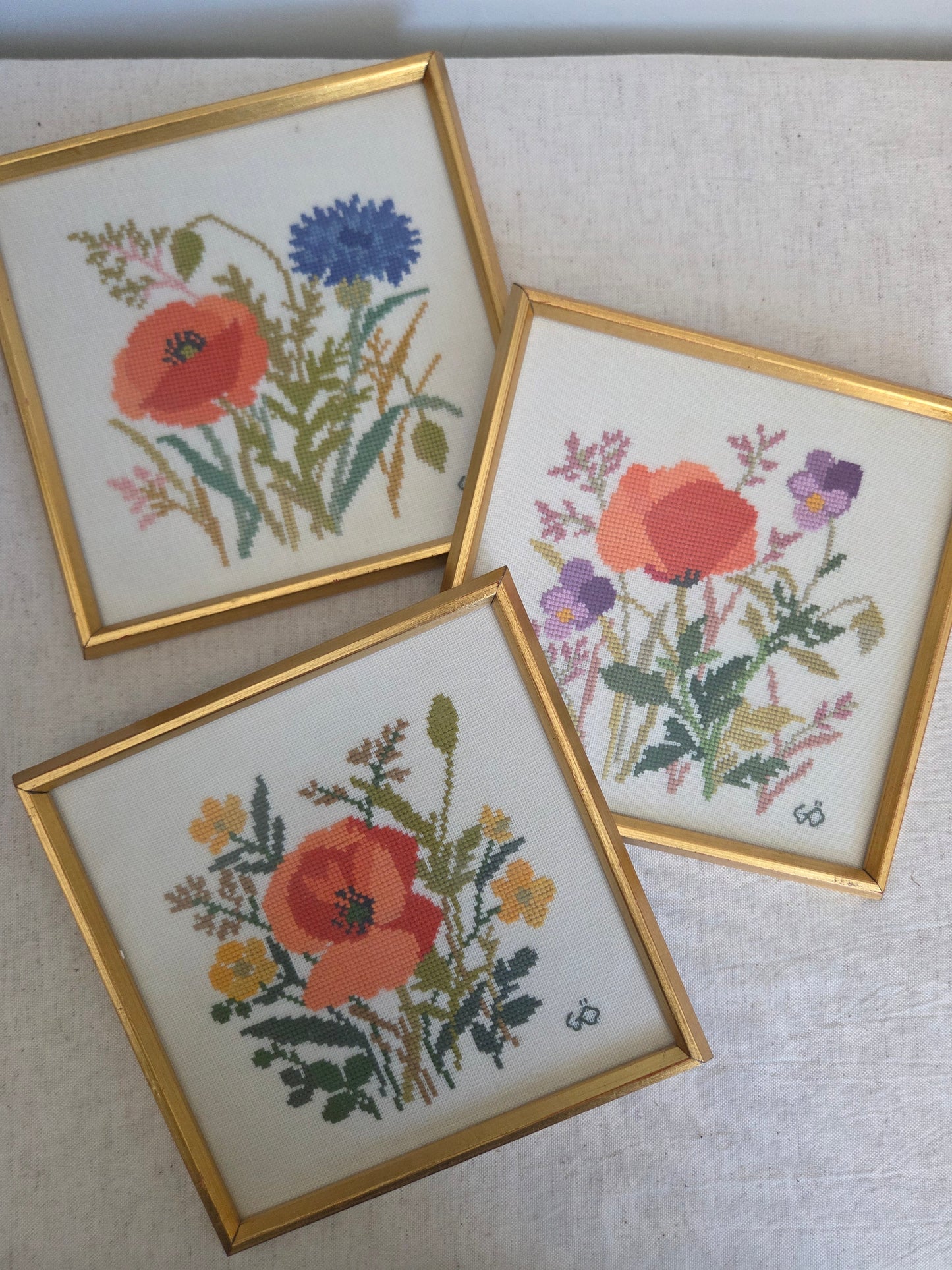 Set of Three Vintage Swedish Flower Embroideries