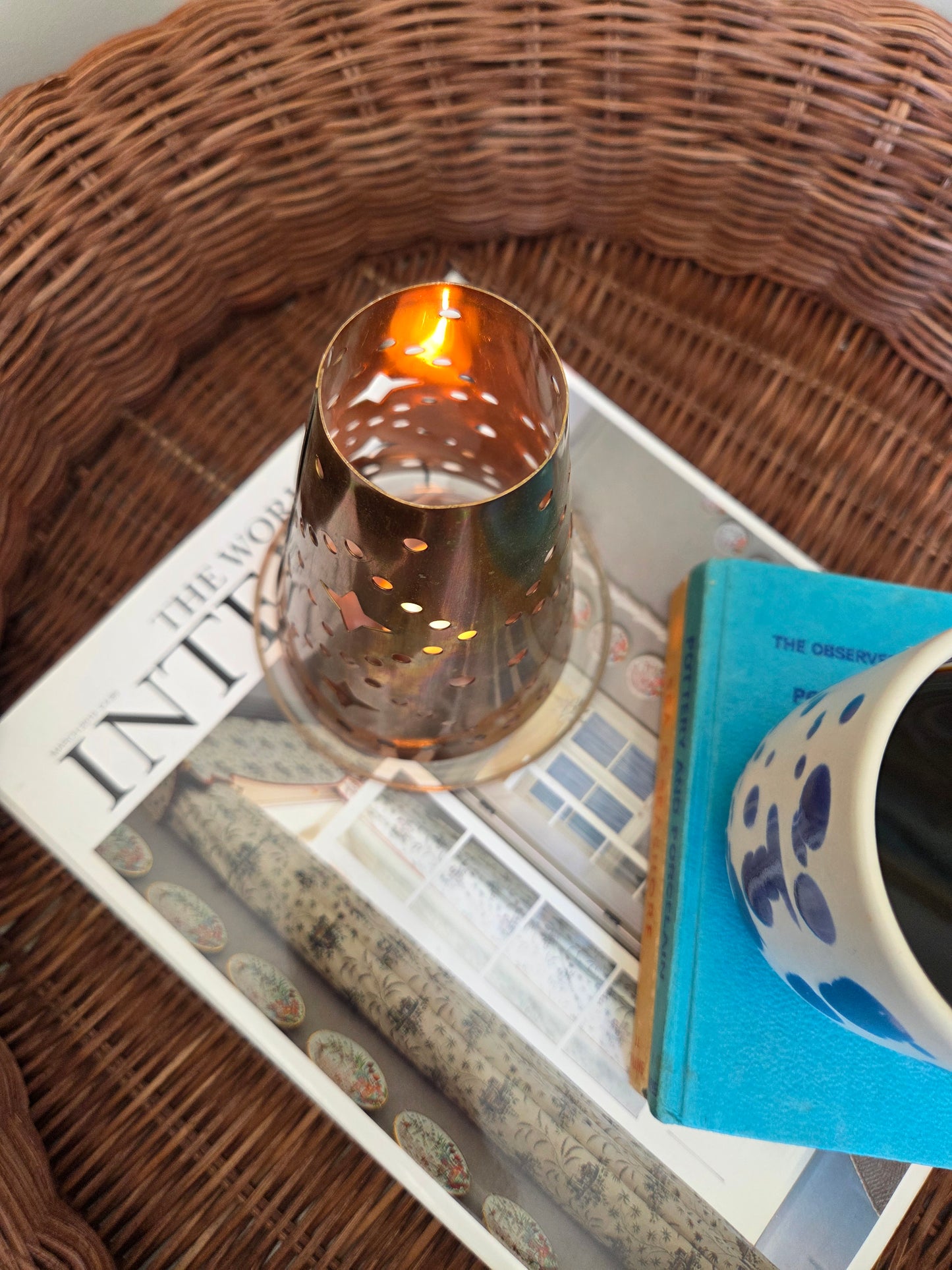 Brass Coloured Tealight Shade with Star Cutouts on Glass Candle Plate