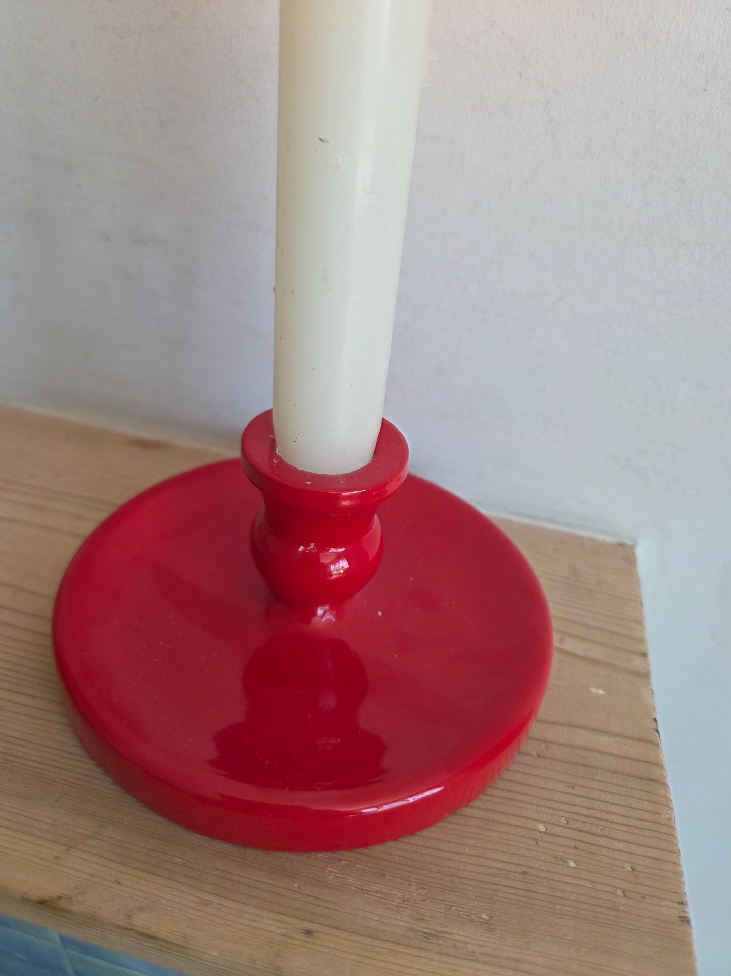 Vintage Red Glossy Wooden Swedish Candlestick