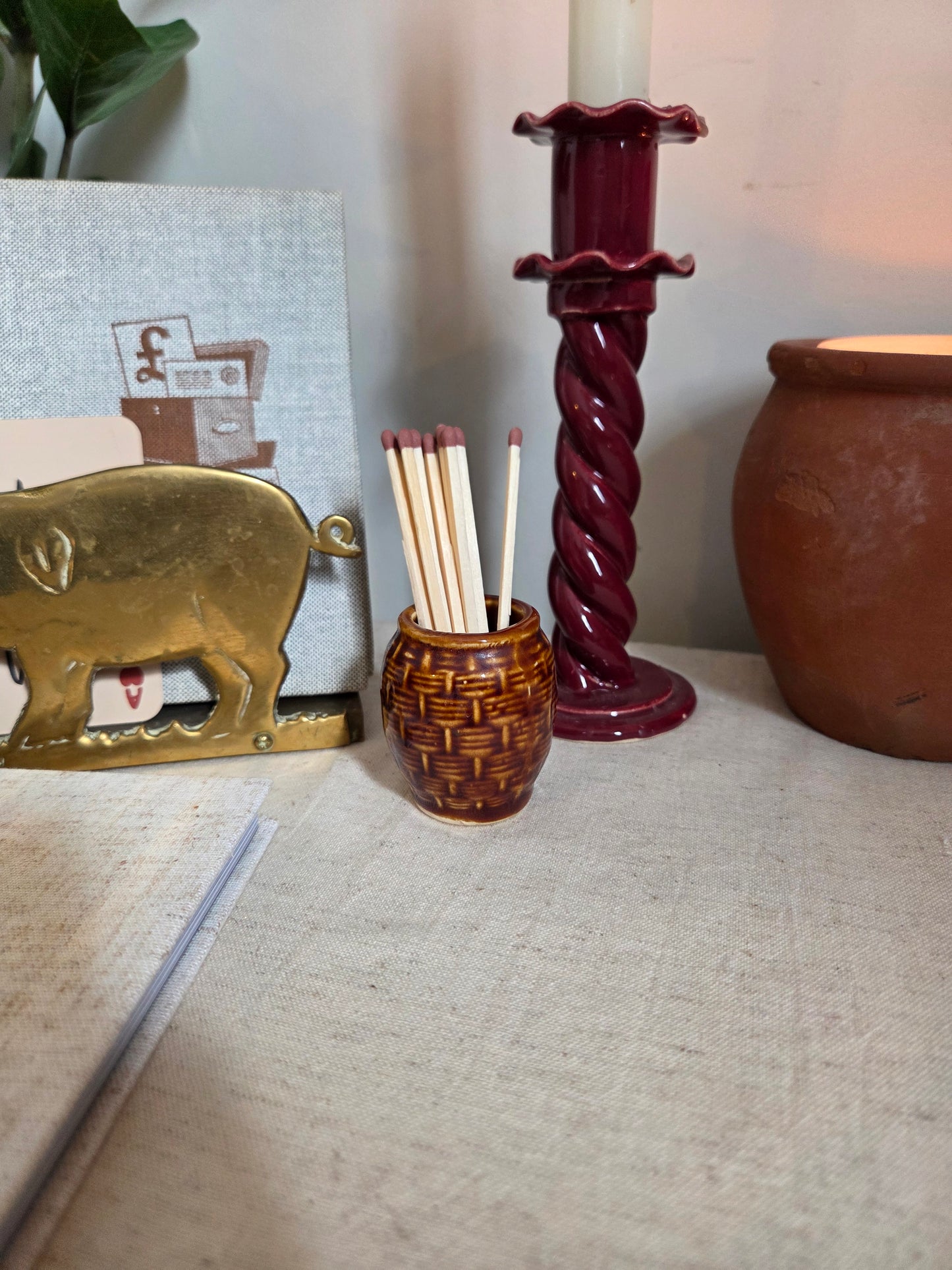 Vintage Swedish Ceramic Pot for Matches or Toothpicks - Dark Brown