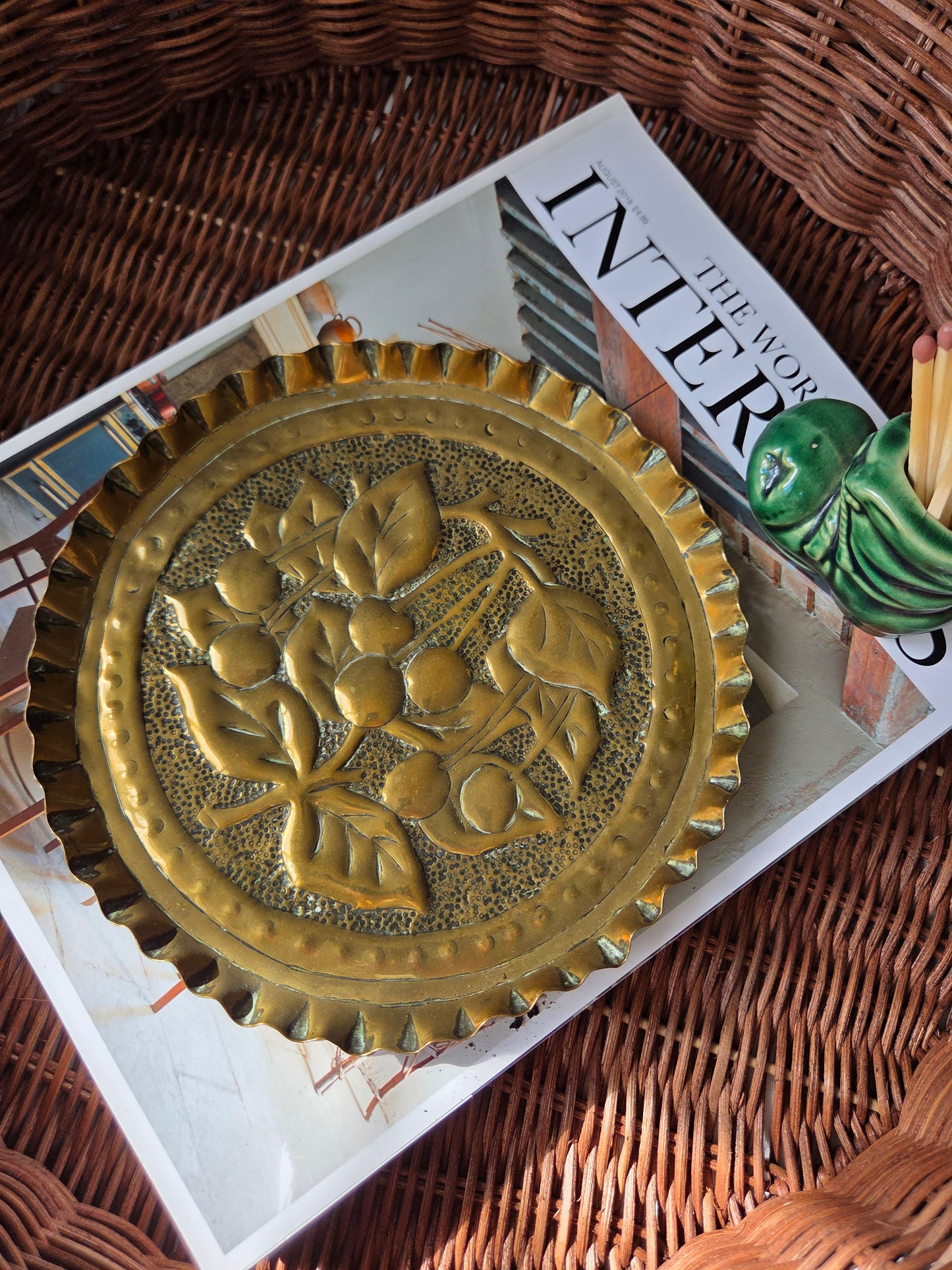 Vintage Brass Tray or Wall Plate - Cherry Motif