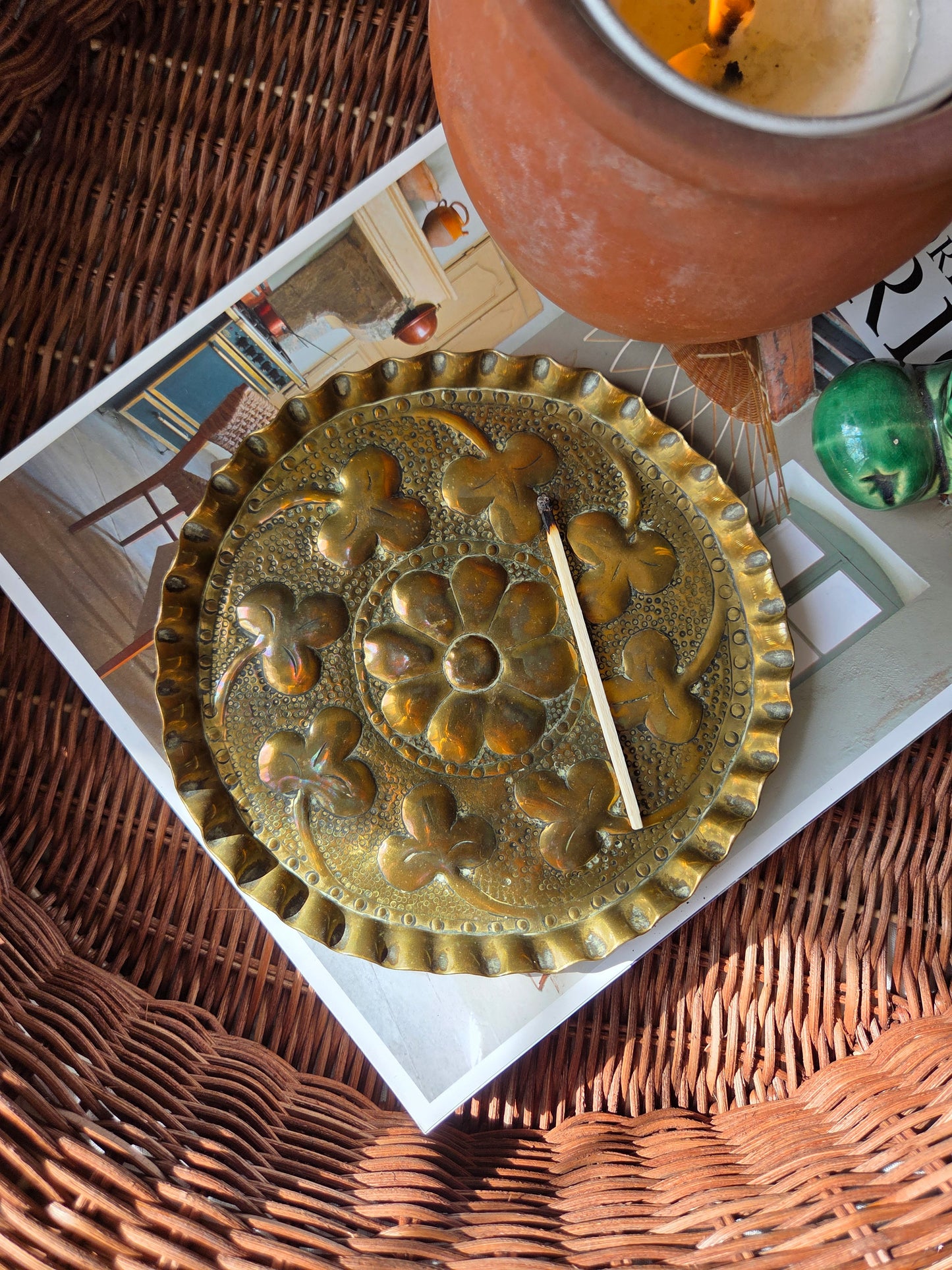 Vintage Brass Tray - Central Flower with Clovers