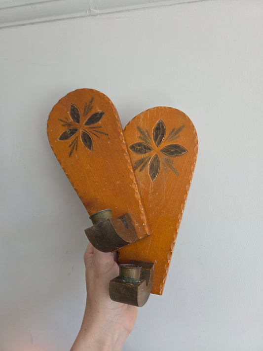 Vintage Swedish Wooden Candle Sconces