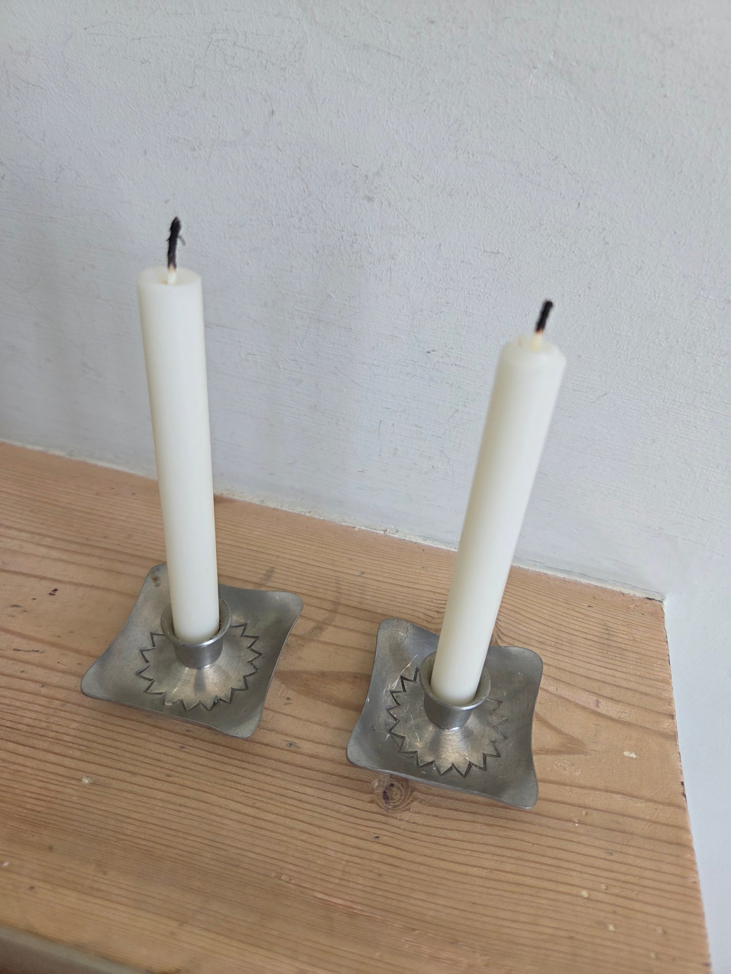 Pair of Vintage Handmade Danish Pewter Mini Candlesticks