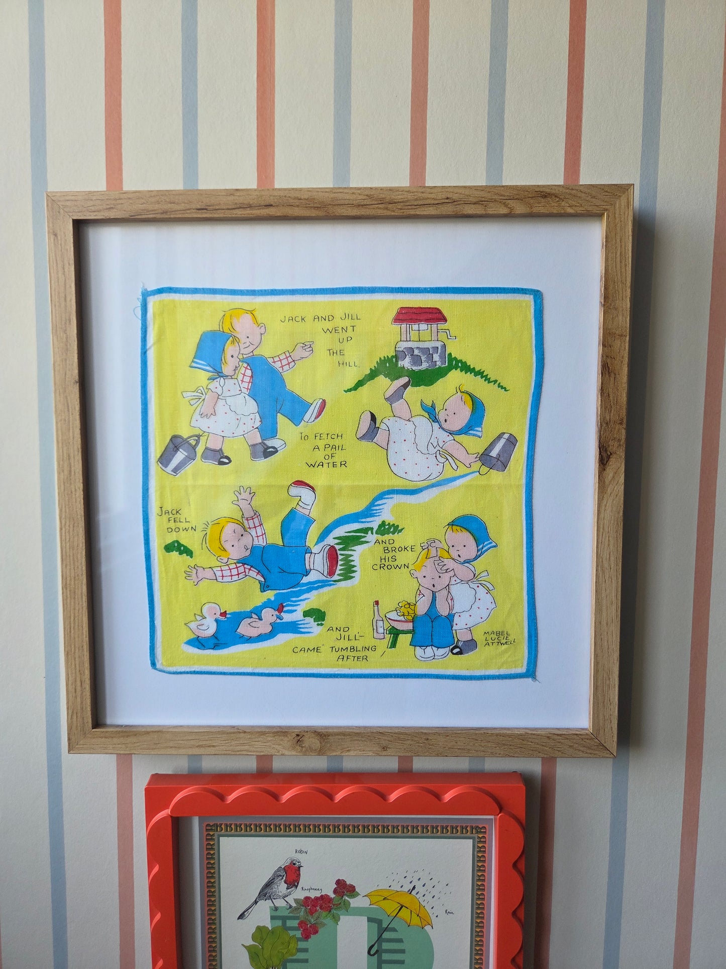 Framed Vintage Mabel Lucie Attwell Handkerchiefs - Jack and Jill or Ding Dong Bell