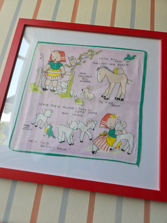 Framed Vintage Mabel Lucie Attwell Handkerchief in Red Frame - Little Bo Peep Nursery Rhyme