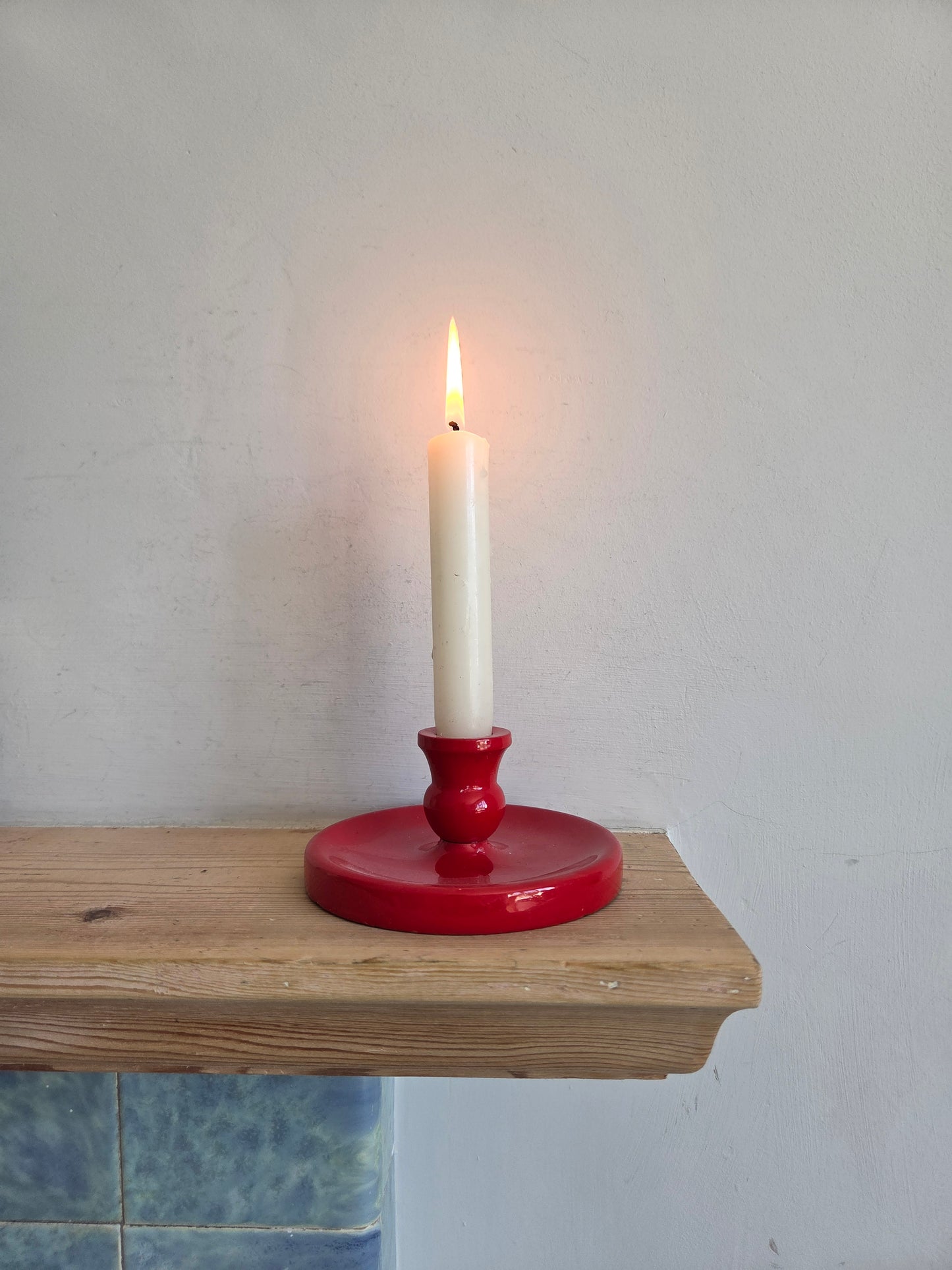 Vintage Red Glossy Wooden Swedish Candlestick