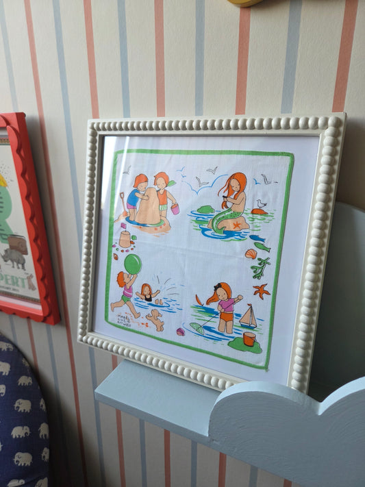 Framed Vintage Mabel Lucie Attwell Handkerchief in Bobbin Frame - Seaside Scene