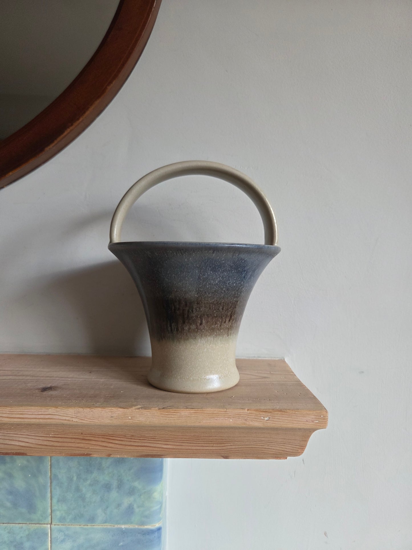 Vintage Studio Pottery Basket Vase with Ombre Drip Glaze