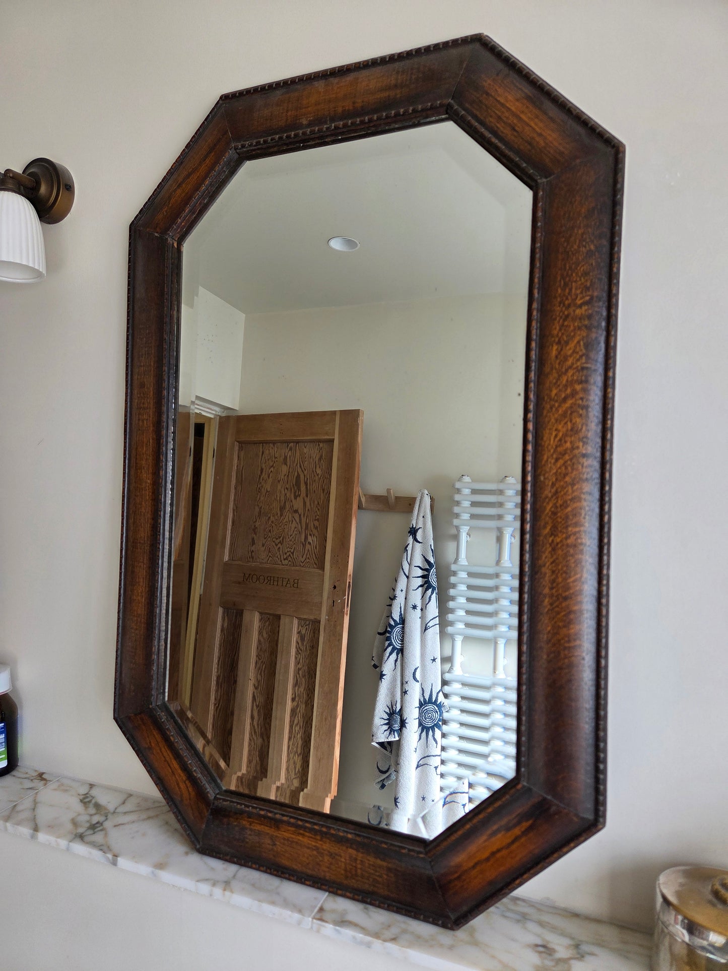 Vintage Oak Hexagonal Mirror with Bobbin Trim Details