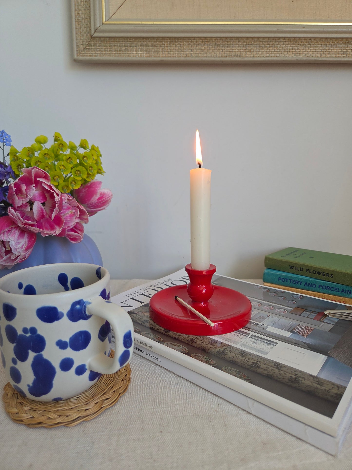 Vintage Red Glossy Wooden Swedish Candlestick